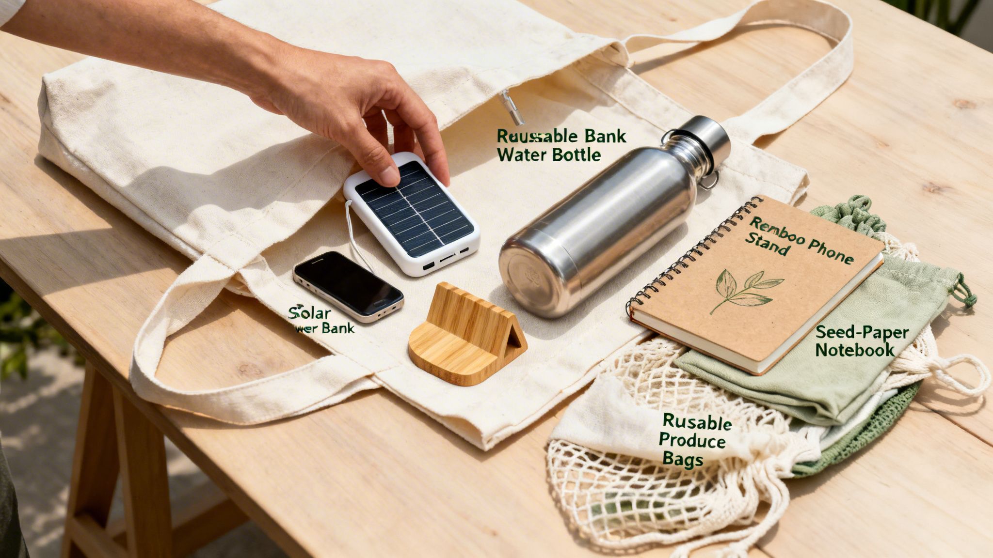 A person holds a solar power bank next to a reusable tote bag filled with eco-friendly items.