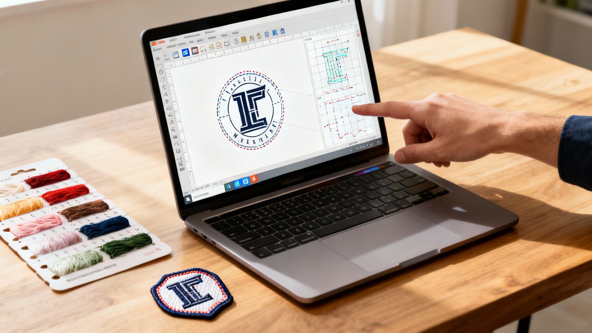 A hand points at a laptop screen displaying embroidery software with a logo design, thread, and patch.