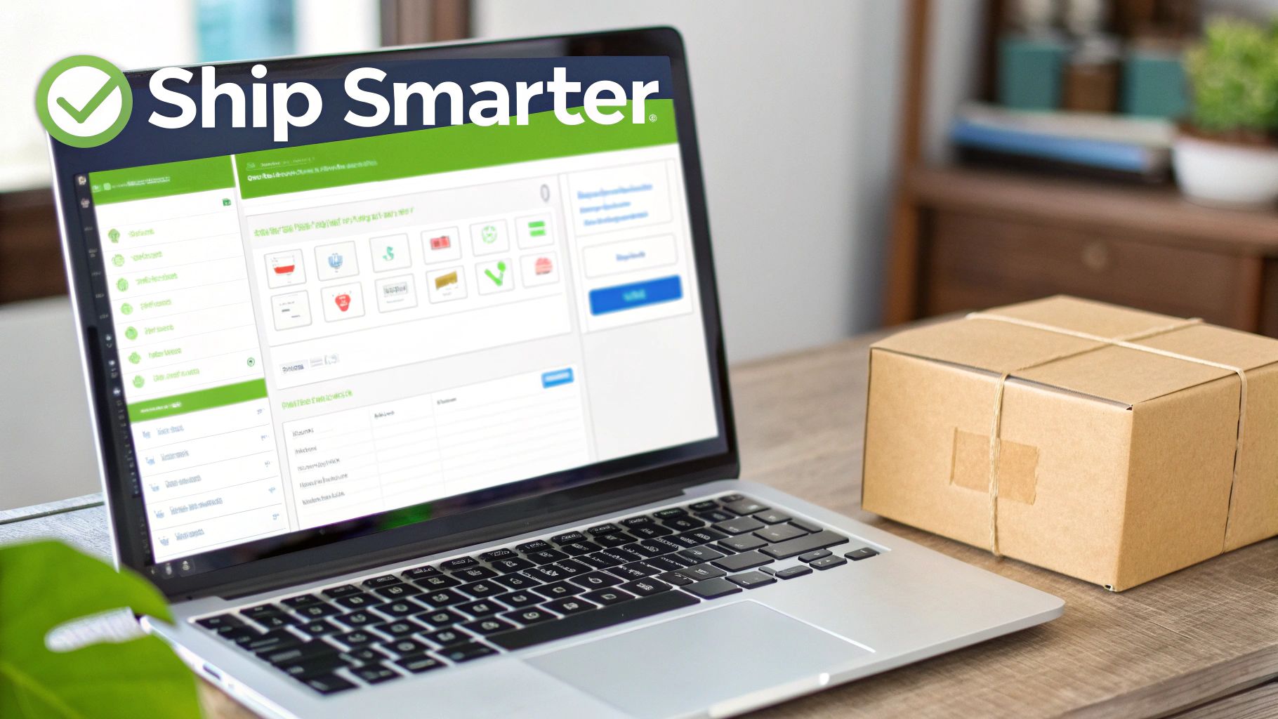A laptop displaying shipping software with 'Ship Smarter' text next to a cardboard box on a wooden desk.