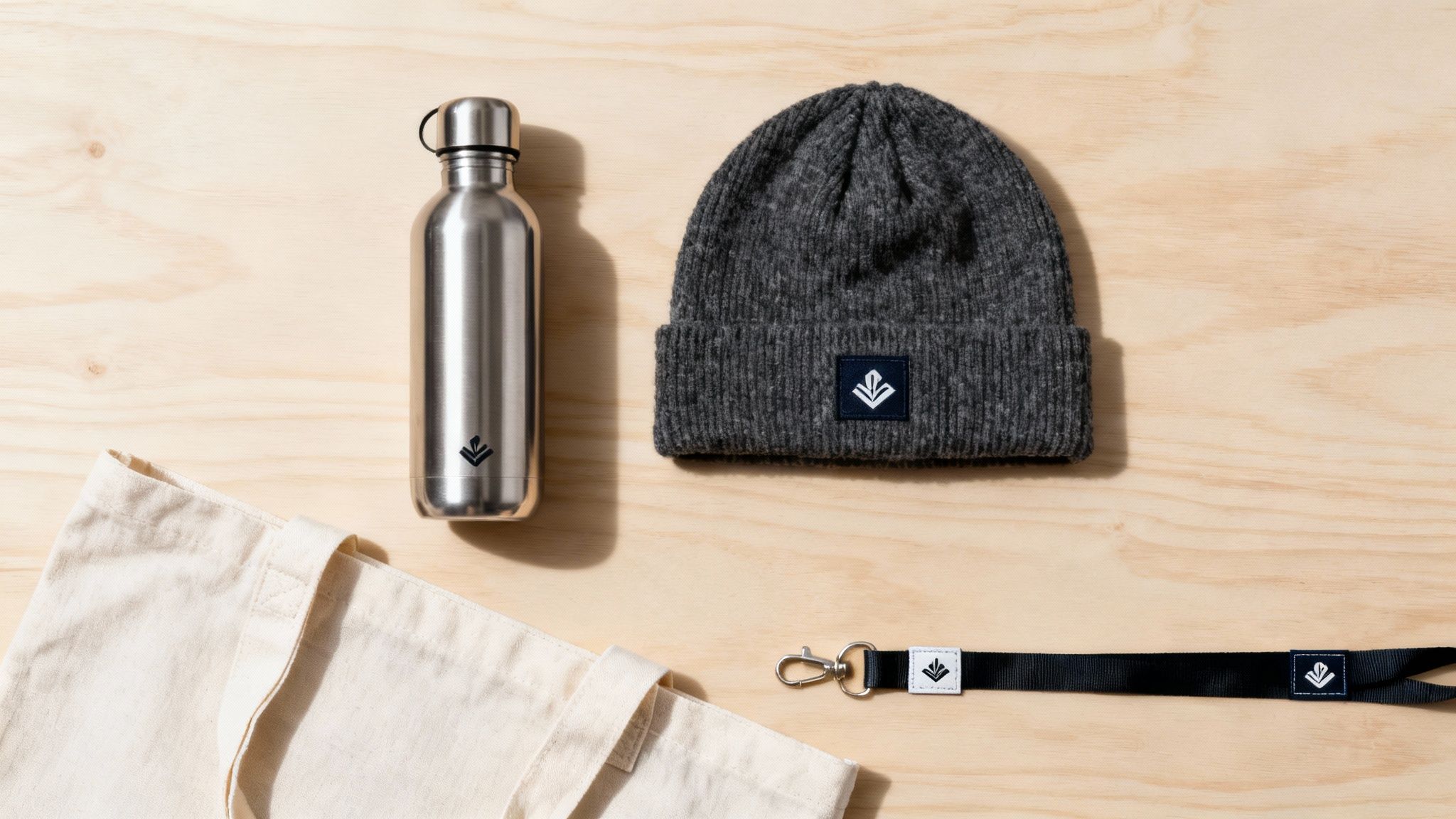A flat lay of branded promotional items: a metal water bottle, grey beanie, canvas tote bag, and black lanyard on a light wooden background.