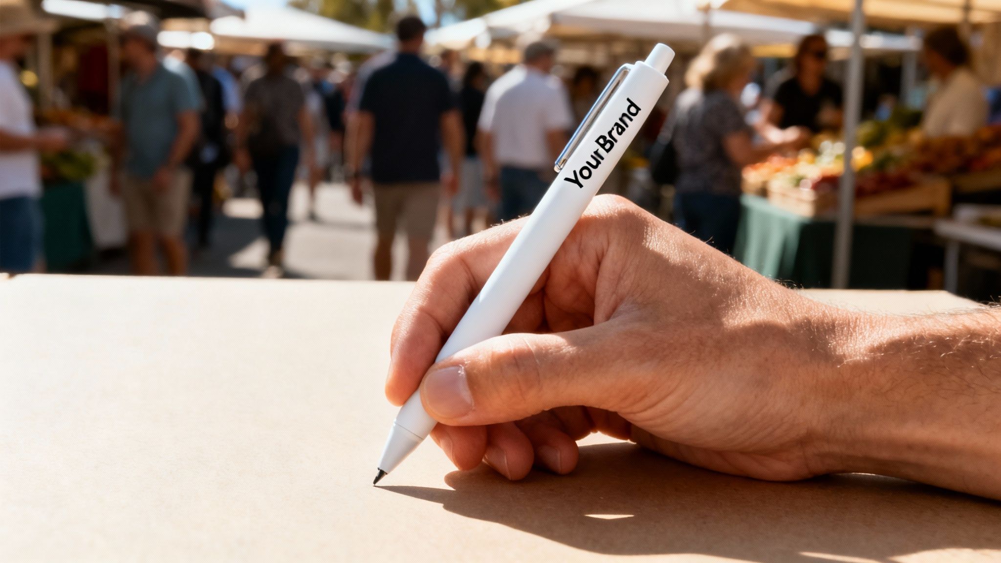 Close-up of a hand holding a white pen branded 'Your Brand' at an outdoor market.