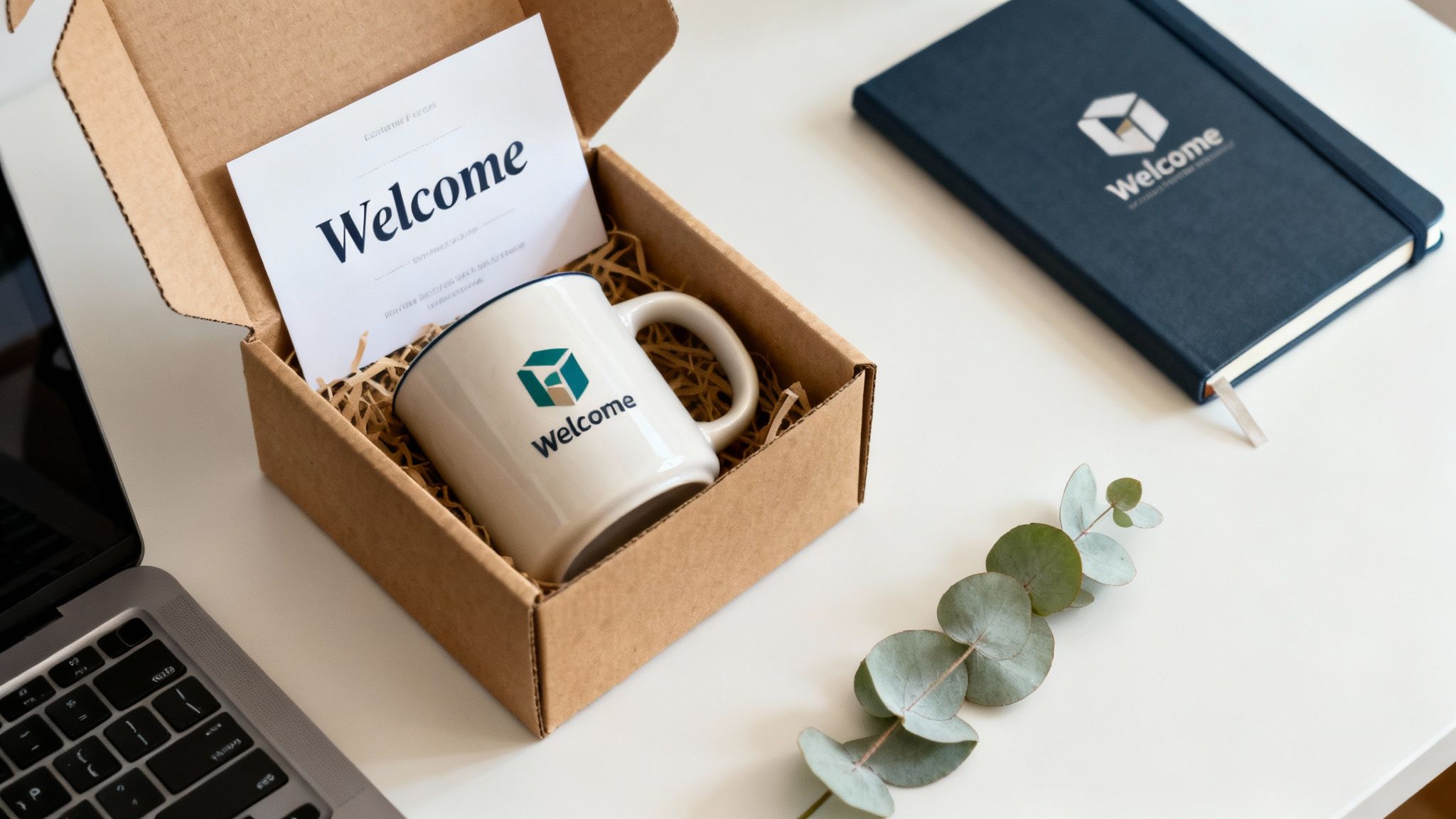 A custom welcome kit with a branded mug, welcome card, notebook, and laptop on a white desk.