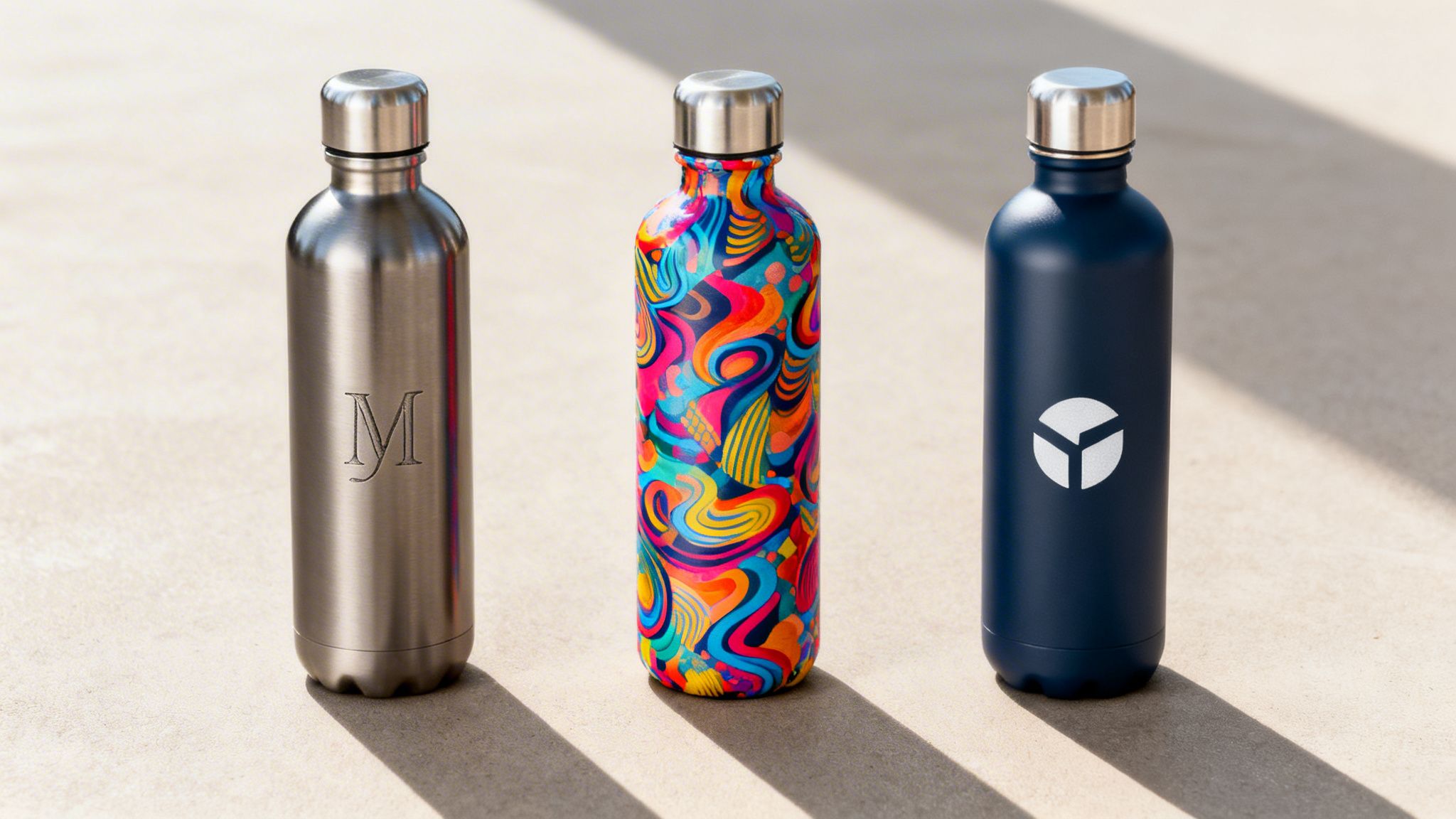 Three insulated water bottles: silver with 'M', colorful pattern, and blue with a logo.