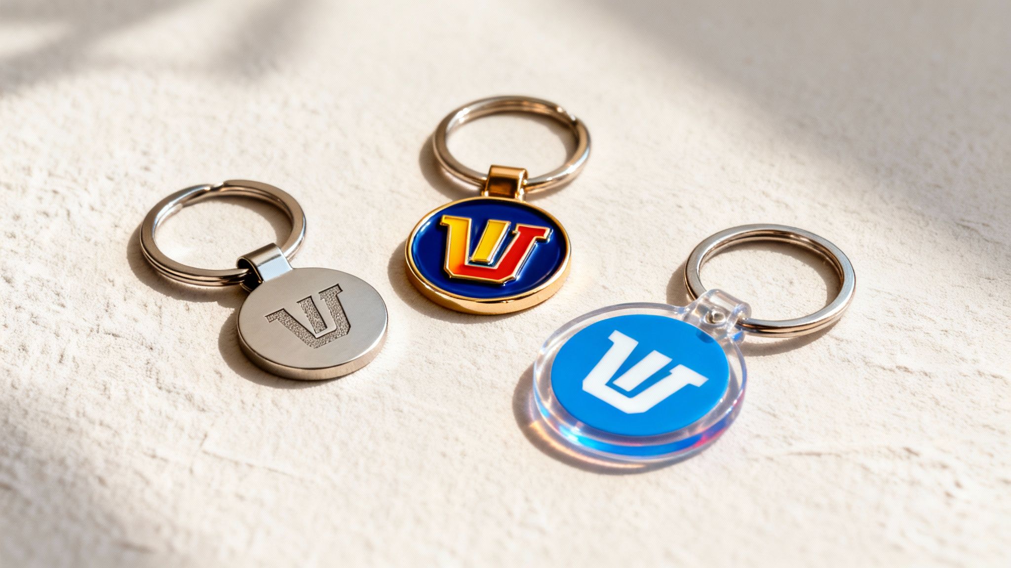 Three custom 'U' logo keyrings in silver, gold, and clear blue designs on a light textured surface.