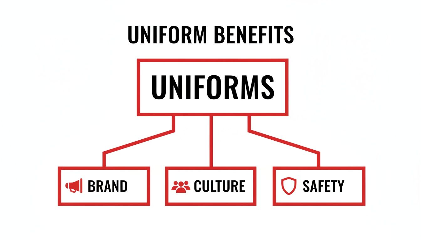 A clear diagram outlining the benefits of uniforms, including brand, culture, and safety.