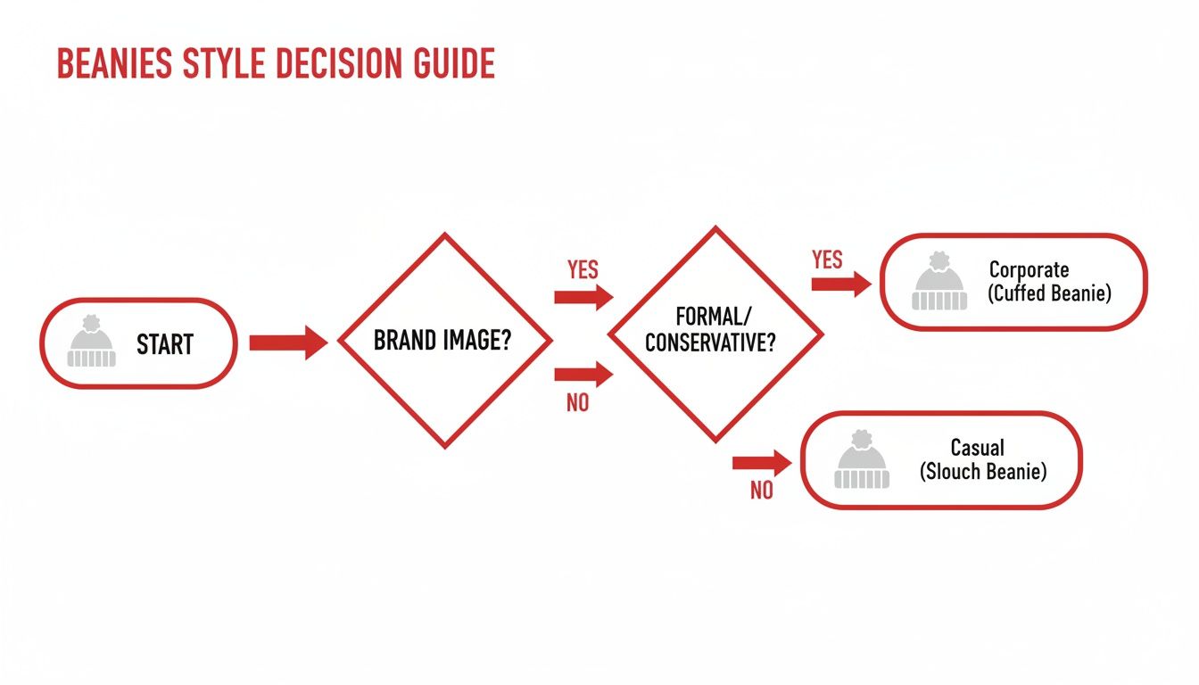 Flowchart decision guide for choosing beanie styles based on brand image and formality.