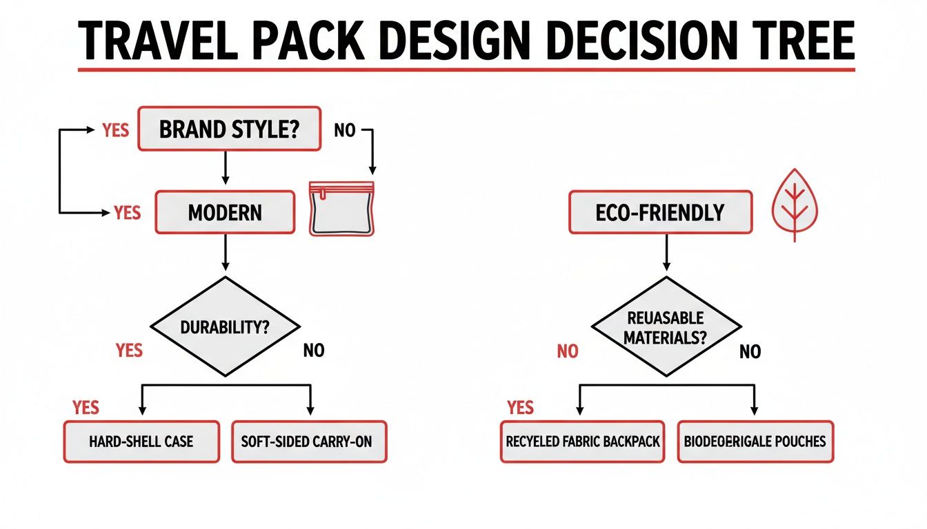 Travel pack design decision tree flowchart illustrating choices for modern, durable, and eco-friendly products.