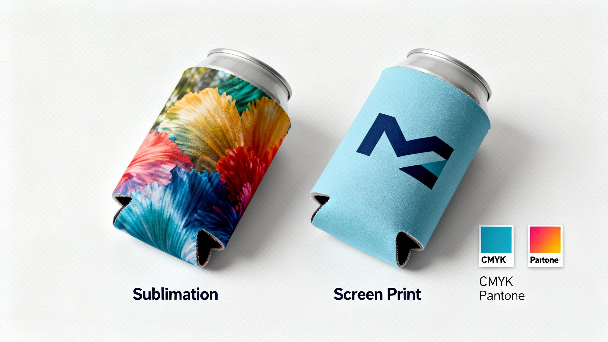Two custom stubby holders demonstrating sublimation and screen print methods side by side.