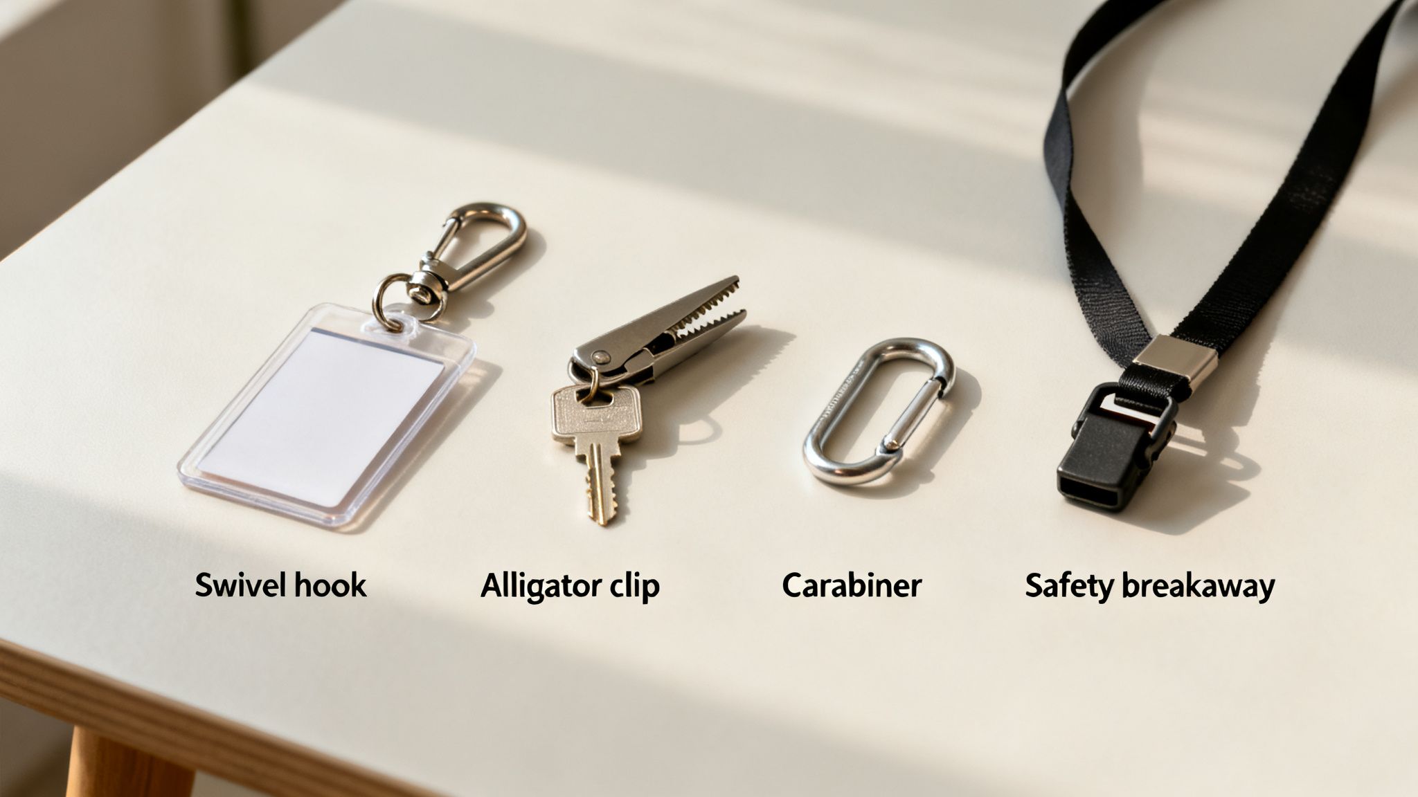 Four common lanyard attachments: a swivel hook, an alligator clip with a key, a carabiner, and a safety breakaway.