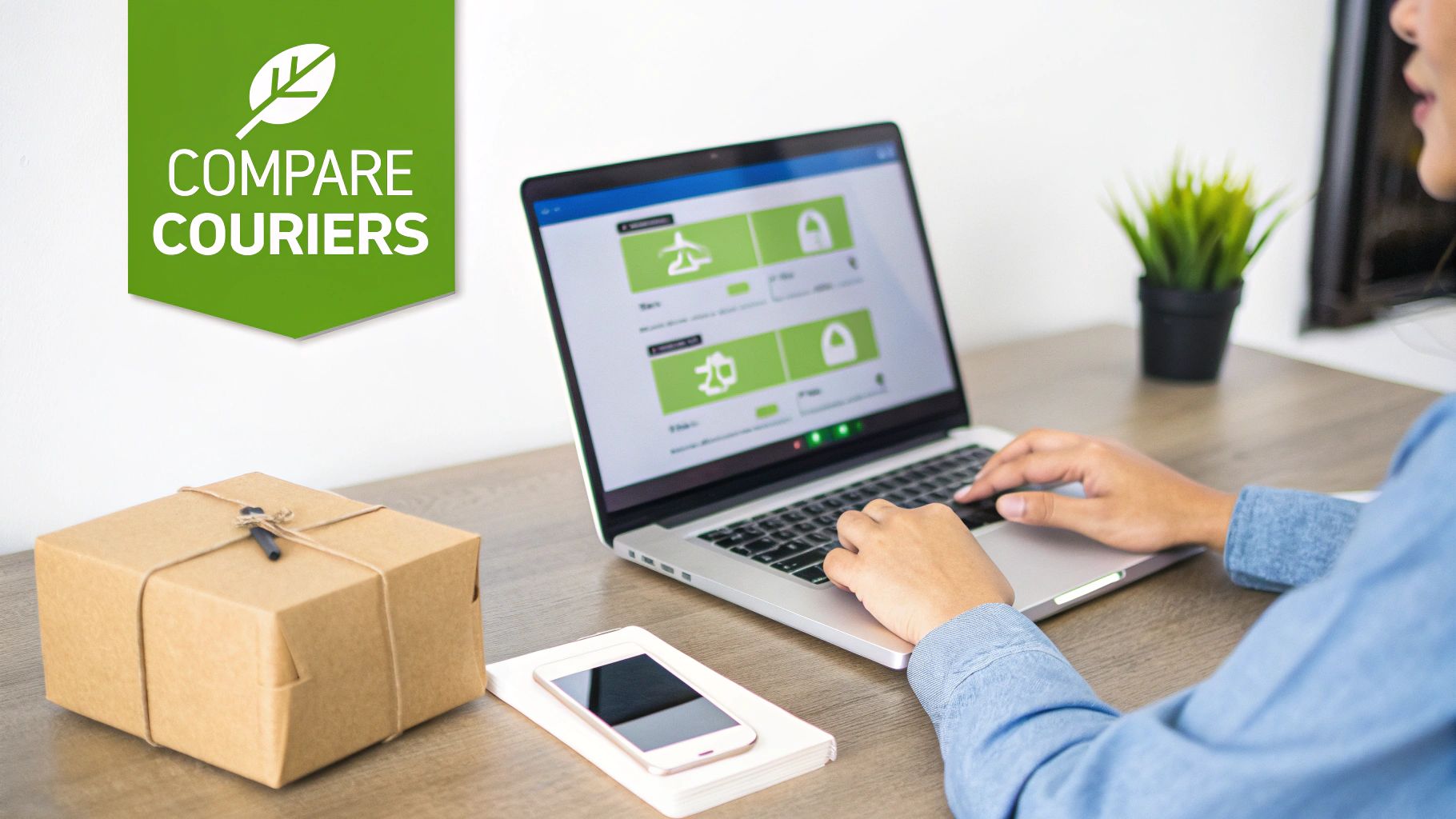 User comparing courier services on a laptop, next to a brown delivery box and smartphone.