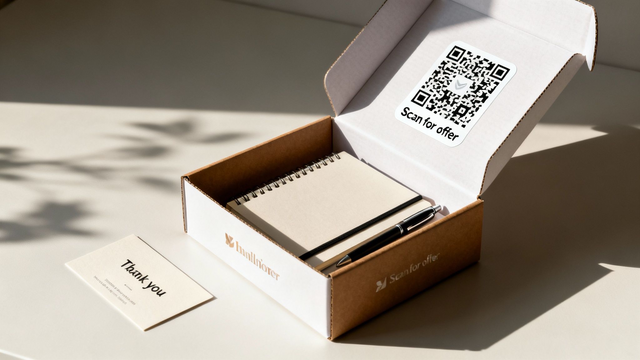 An open promotional box containing a notebook and pen, with a QR code and a thank you card.