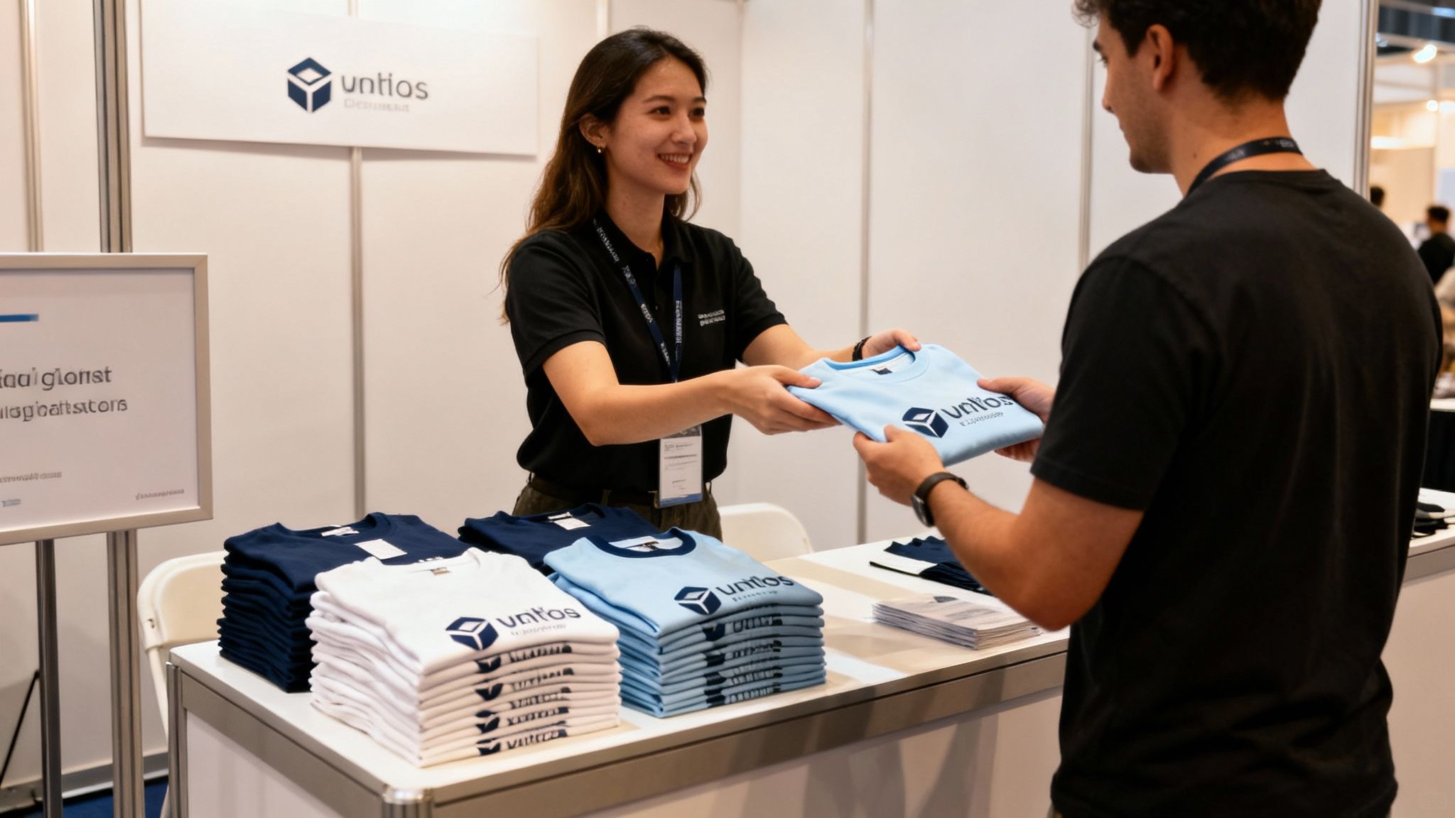 A smiling woman hands a light blue Untios t-shirt to a man at a promotional booth.