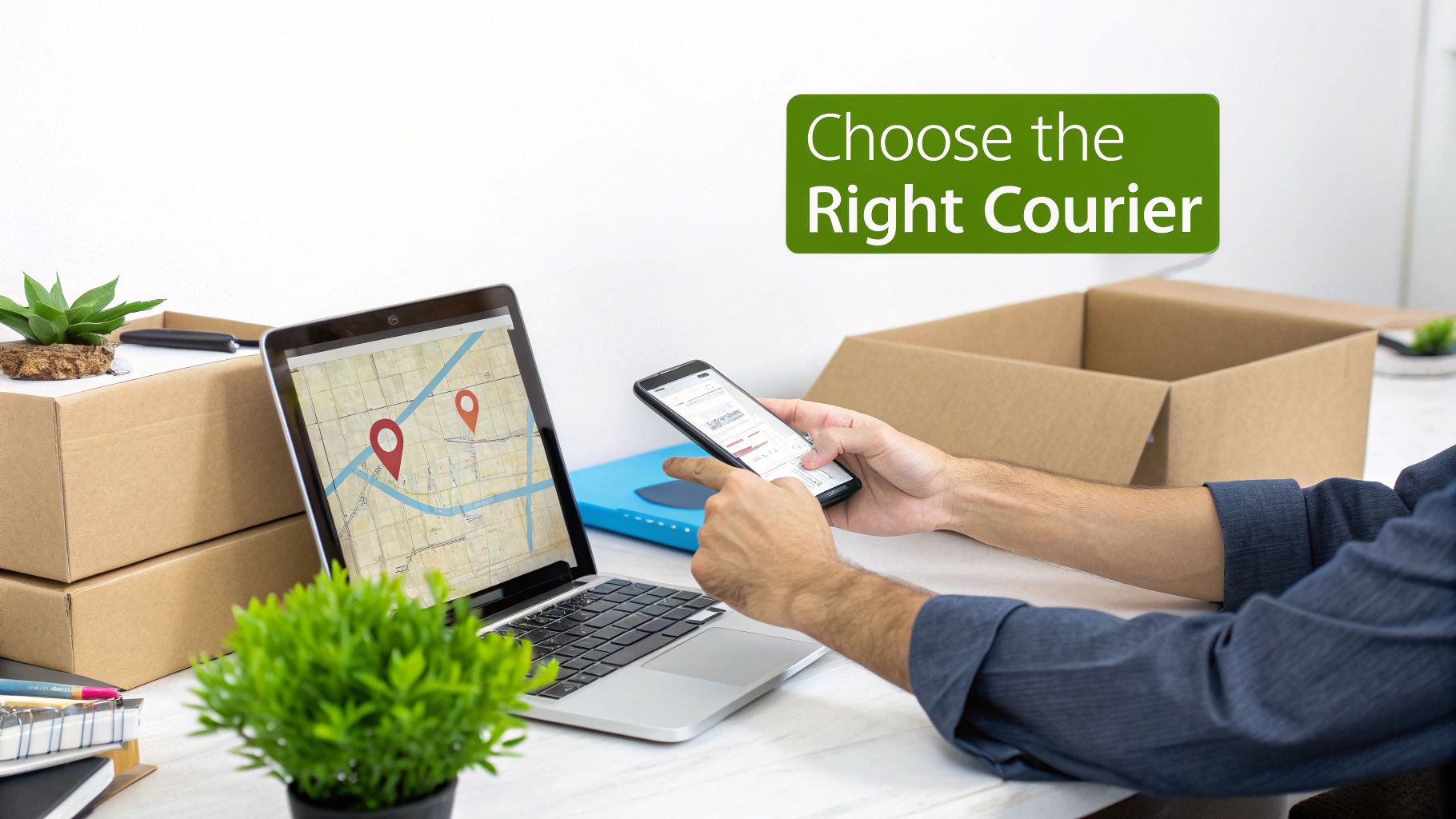 A person comparing couriers on a laptop and smartphone, with shipping boxes on a desk, guided by 'Choose the Right Courier'.