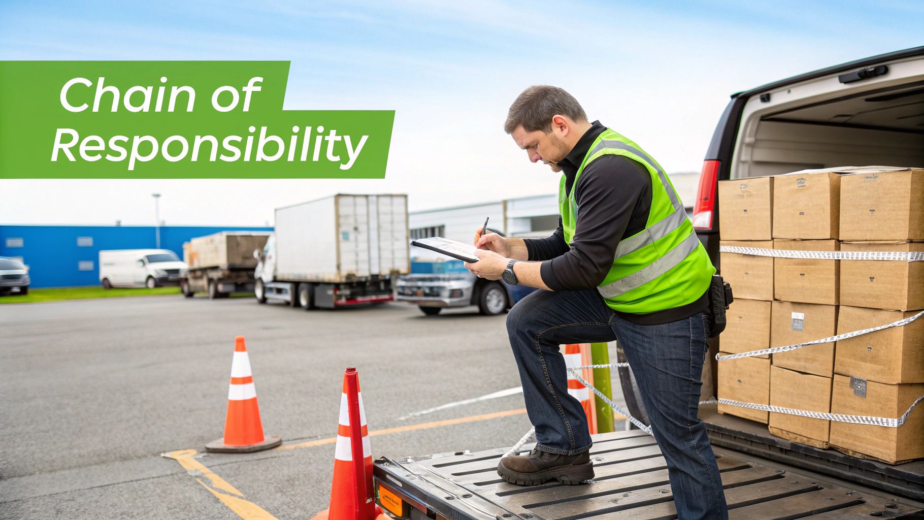 A logistics worker in a hi-vis vest verifies cargo on a clipboard at the back of a delivery van filled with boxes.