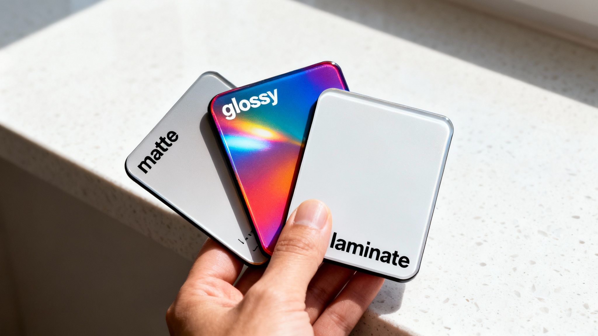 A hand holds three rectangular samples labeled matte, glossy, and laminate, showcasing different finishes.