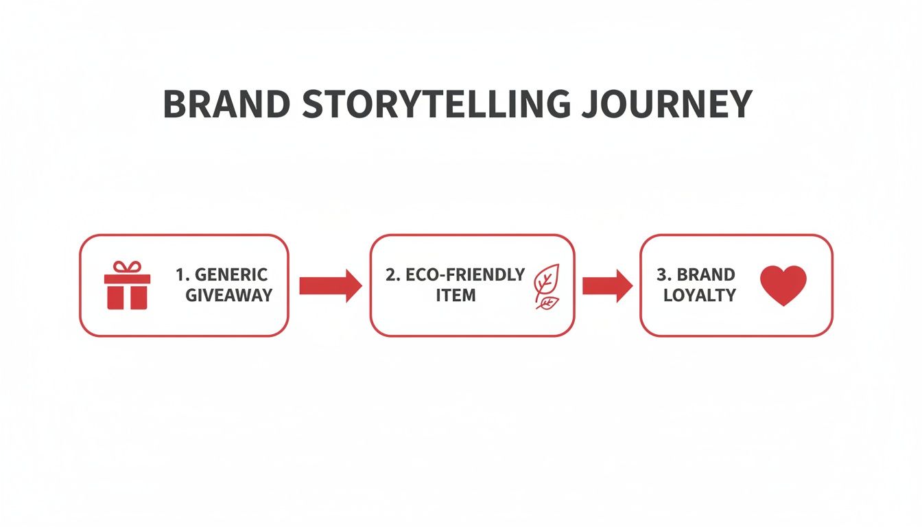 A diagram illustrates the brand storytelling journey from generic giveaway to eco-friendly items, leading to brand loyalty.