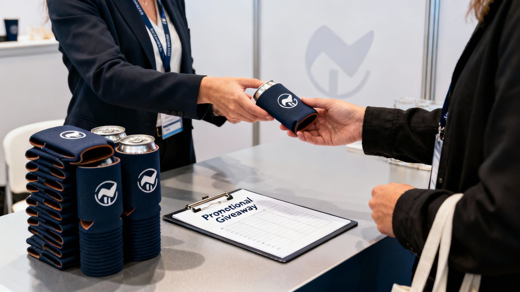 A person giving a branded stubby holder to another at a booth with a giveaway signup sheet.