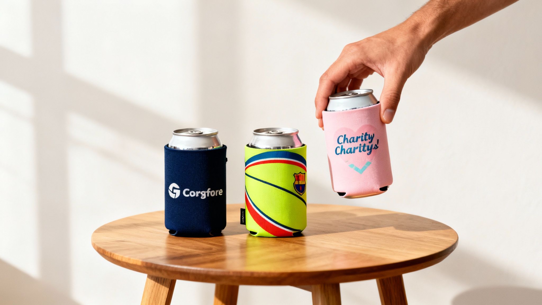 A hand holding a pink custom stubby holder with two other stubby holders on a wooden table.