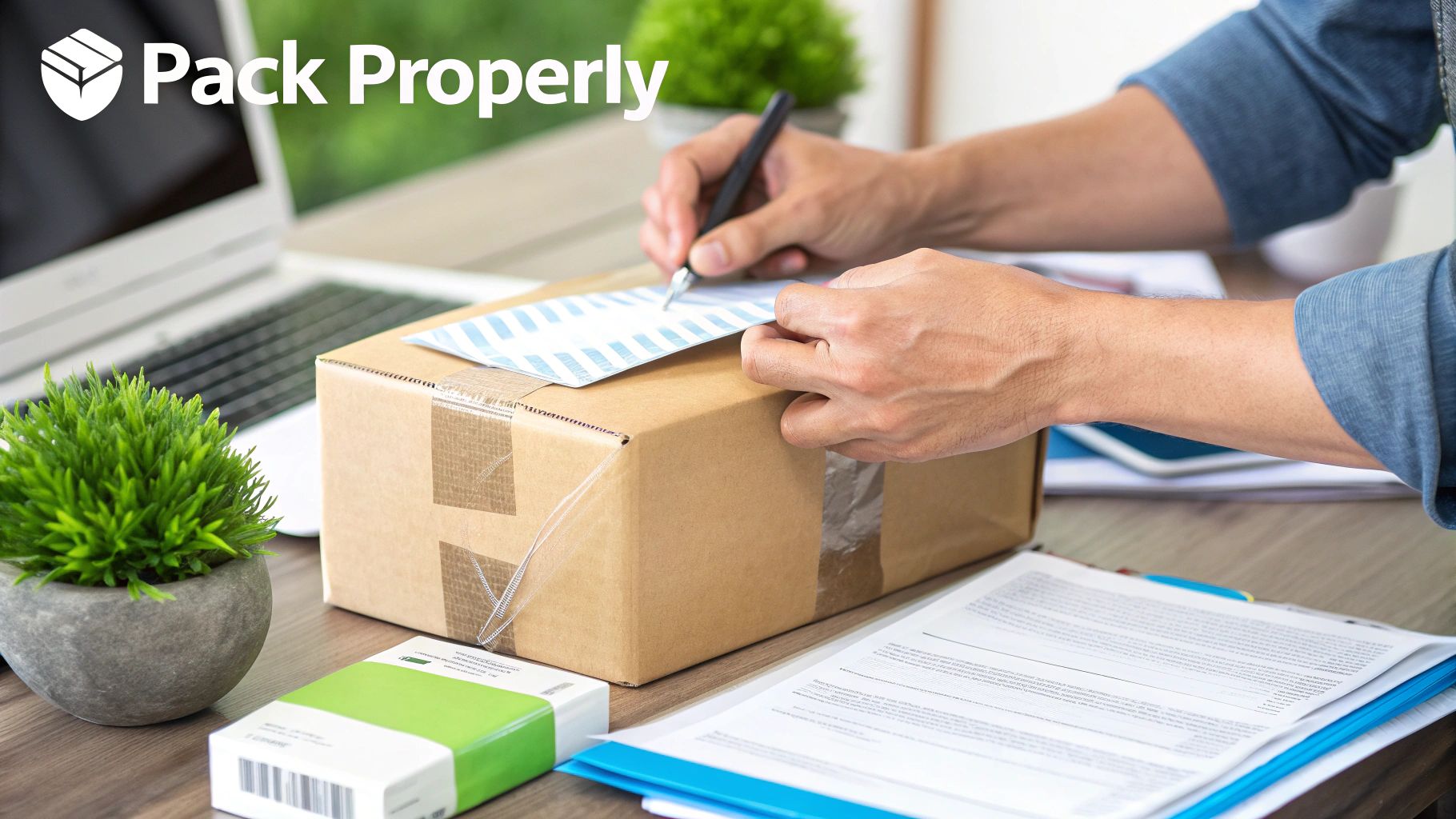 Hands writing on a shipping label attached to a brown cardboard box on a wooden desk.