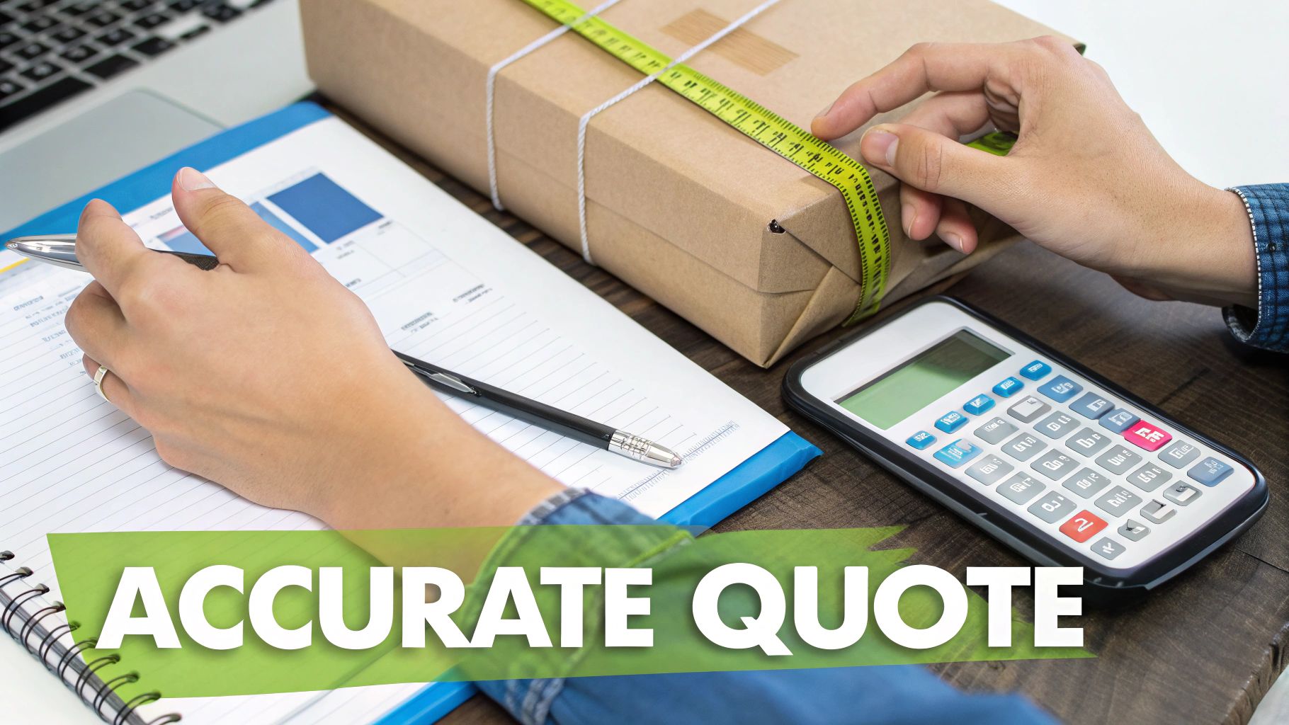 Hands measuring a brown package with a tape measure, next to a calculator and a document for an accurate shipping quote.