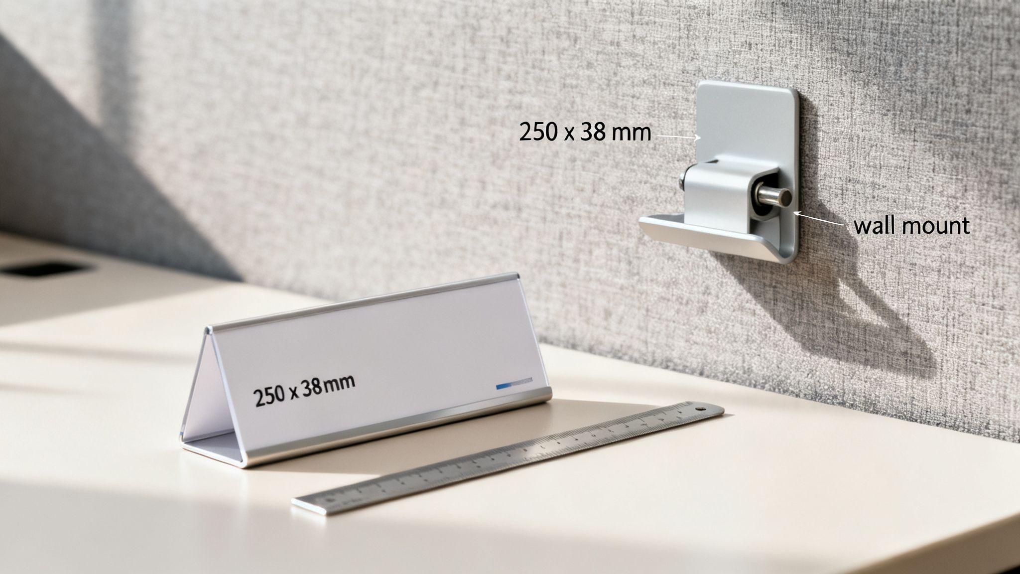 A silver desk name plate and a wall mount, both displaying 250 x 38 mm dimensions.