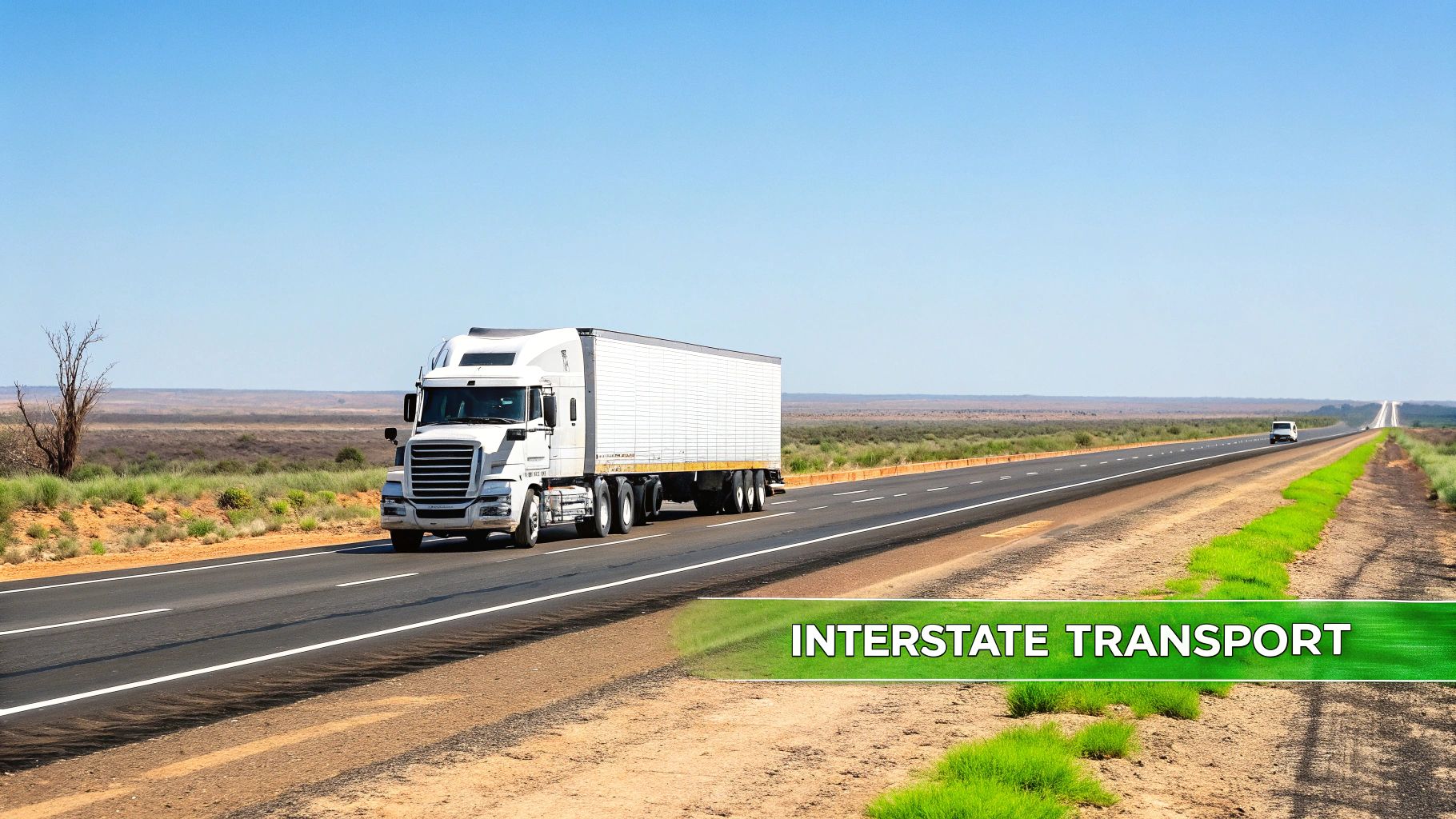 A white semi-truck with a long trailer drives on a highway through a vast desert landscape.