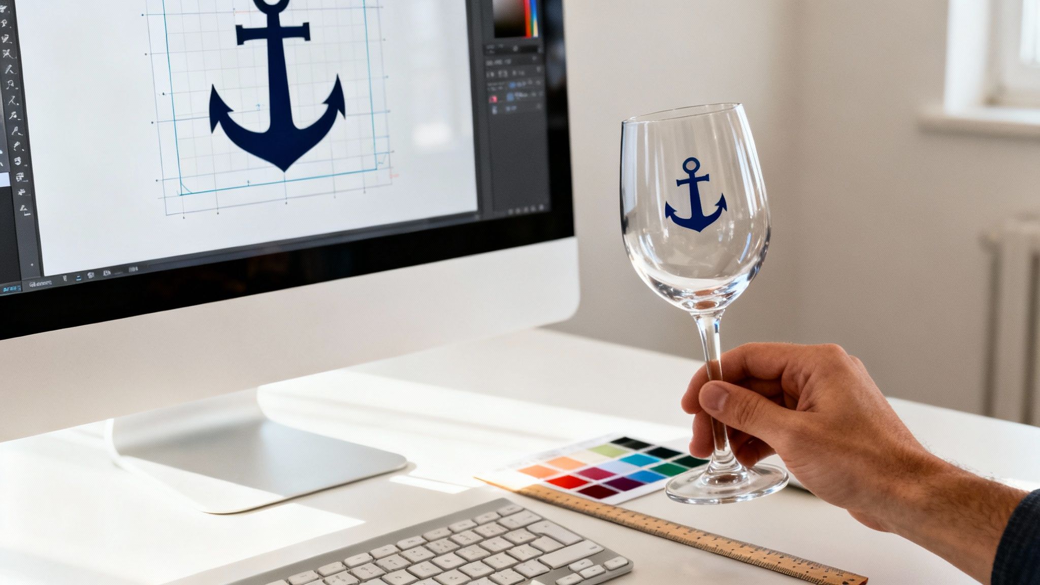 A person holds a wine glass with an anchor design, matching the anchor being designed on a computer screen.
