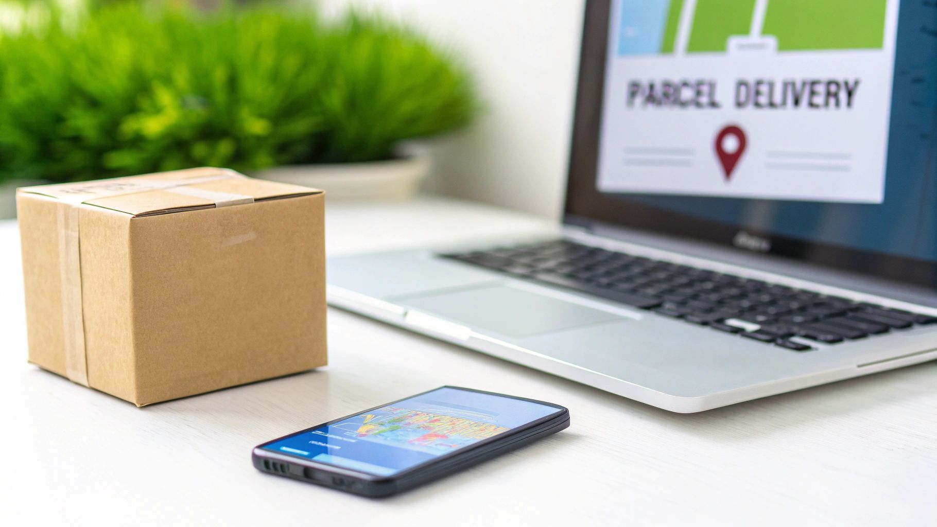 A courier scanning a parcel with a handheld device, with stacks of boxes in the background.