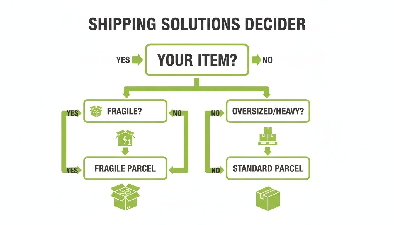 Flowchart for shipping solutions, categorizing items into fragile or standard parcels.