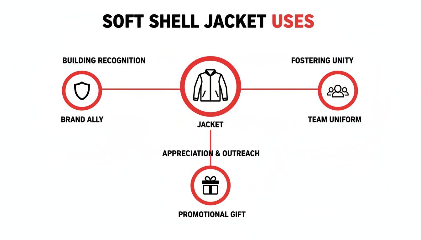 Diagram illustrating soft shell jacket uses: brand ally, team uniform, and promotional gift.