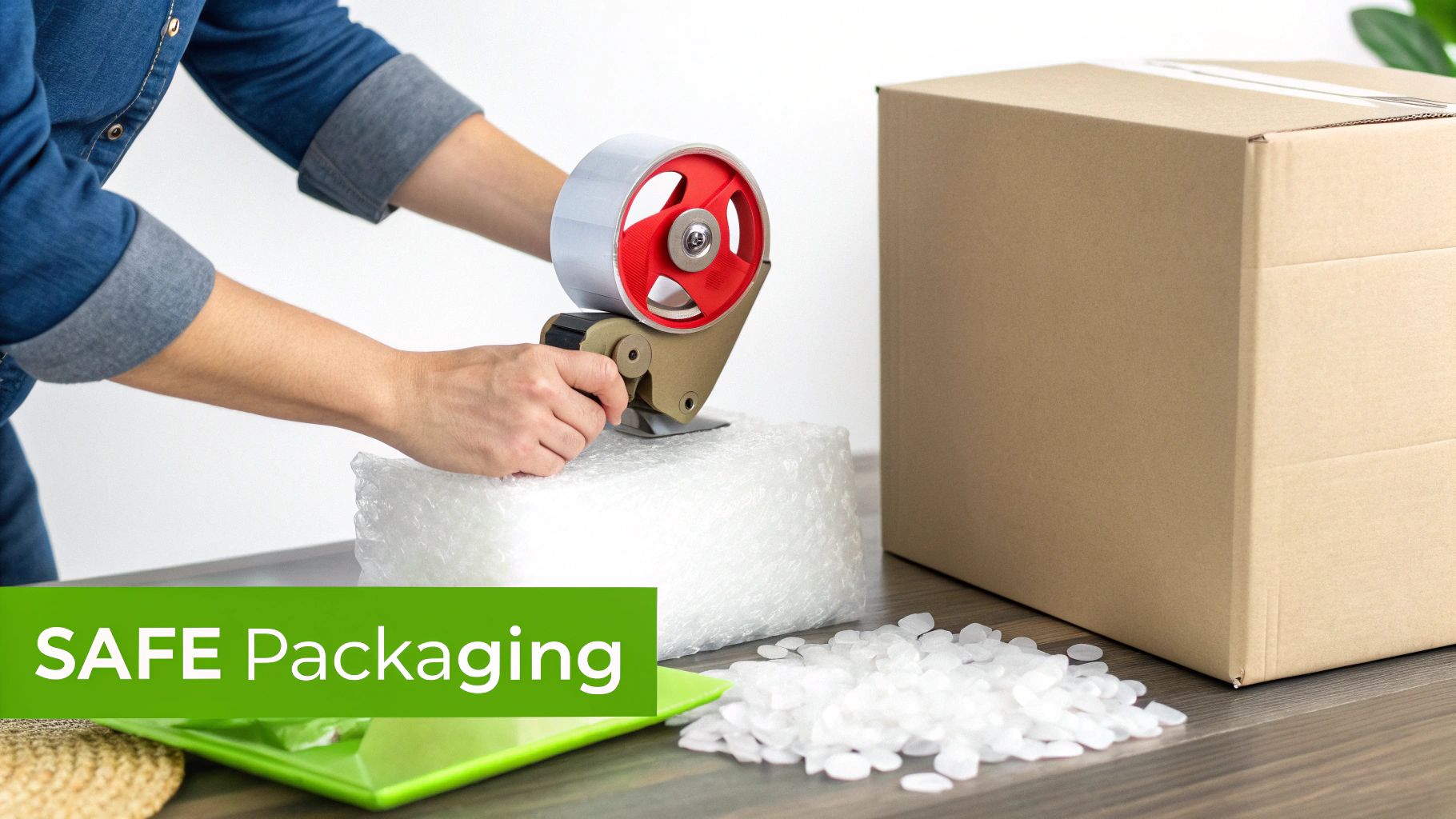 Person carefully placing an item into a cardboard box with packing peanuts