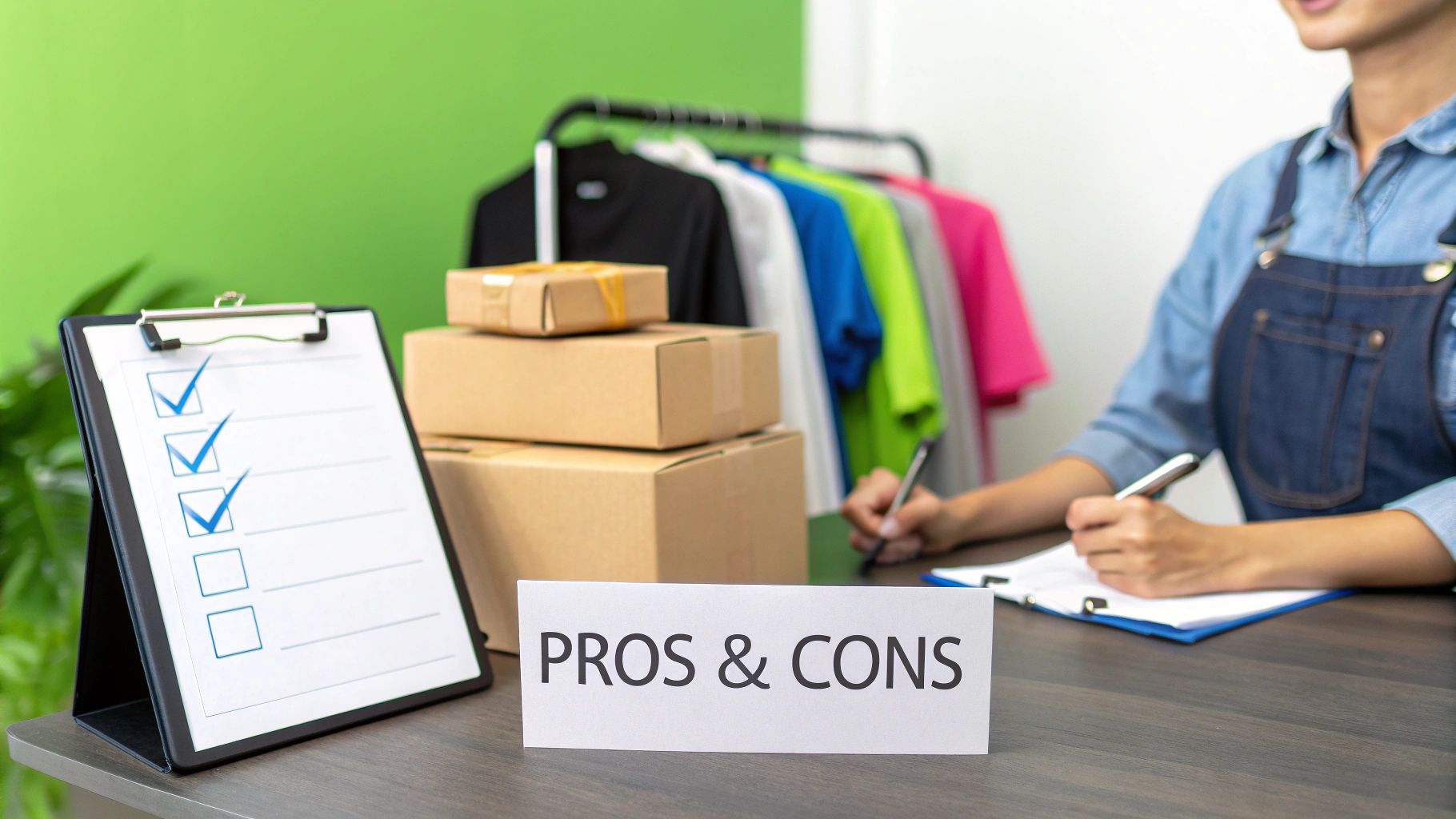 E-commerce business owner evaluating pros and cons next to packed boxes and a checklist.