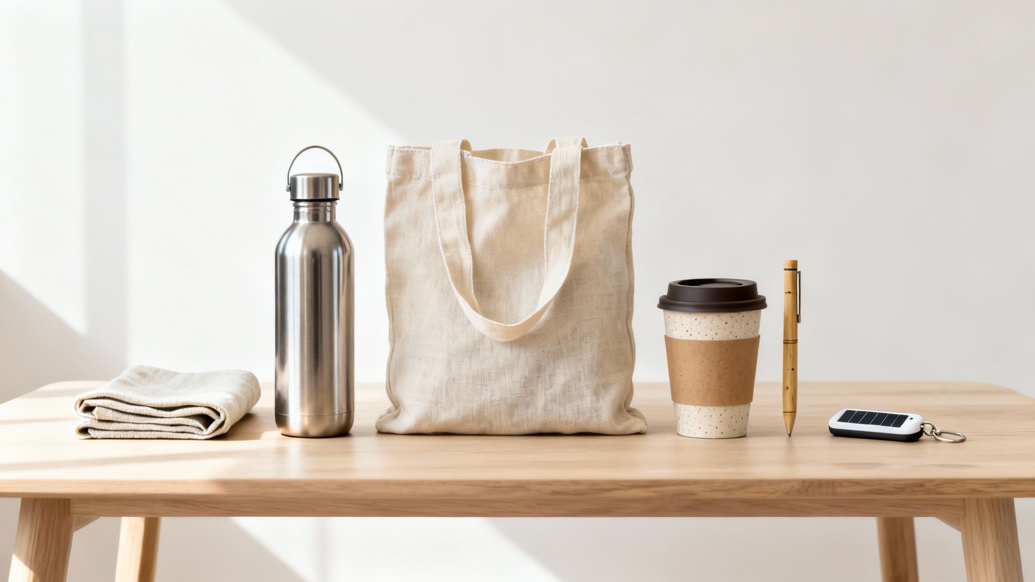 Sustainable lifestyle items on a wooden table, including a reusable water bottle, tote bag, coffee cup, and bamboo pen.