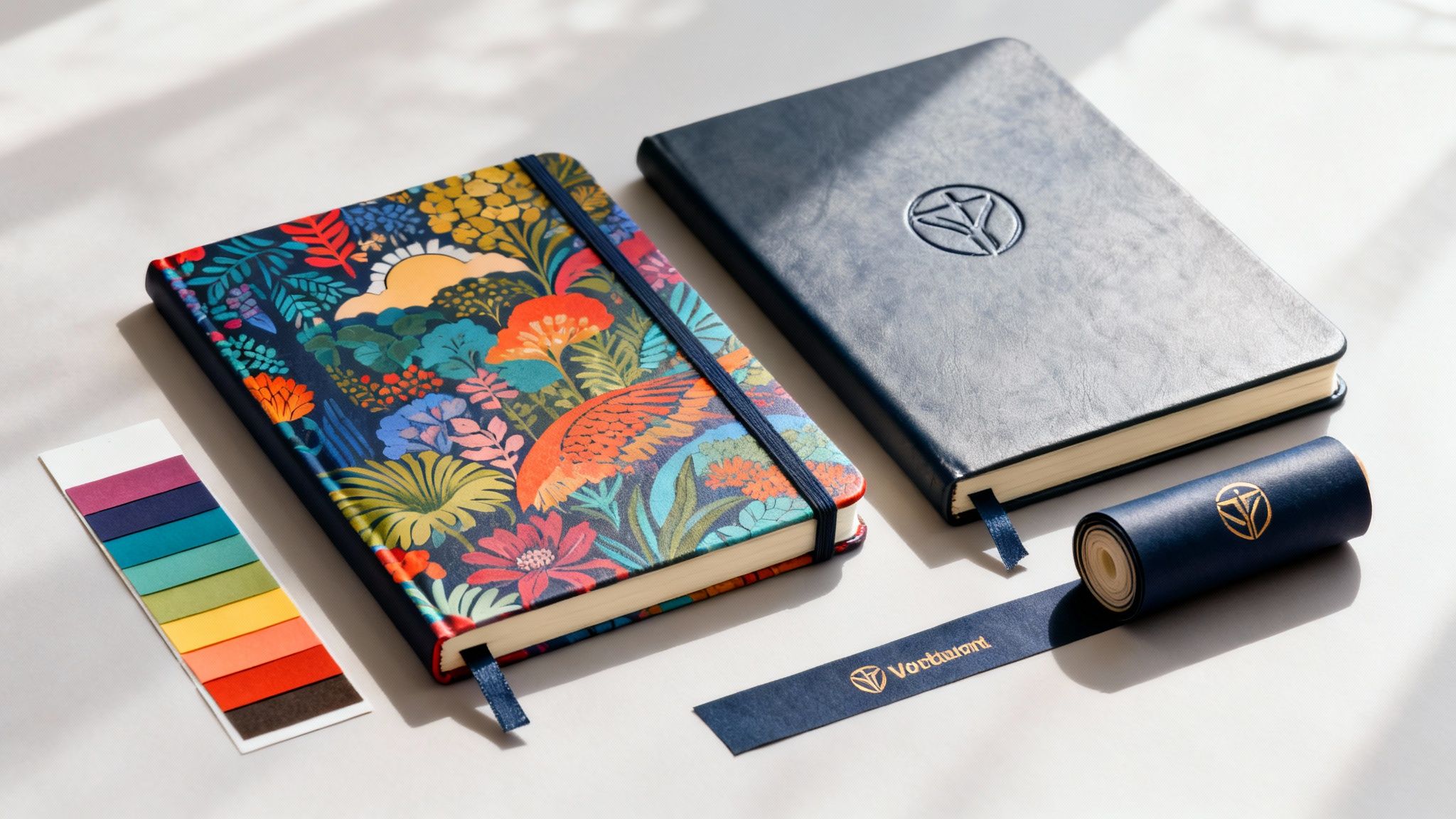 Stylish notebooks, one with a vibrant floral design, the other blue, displayed with a color palette and branded ribbon.