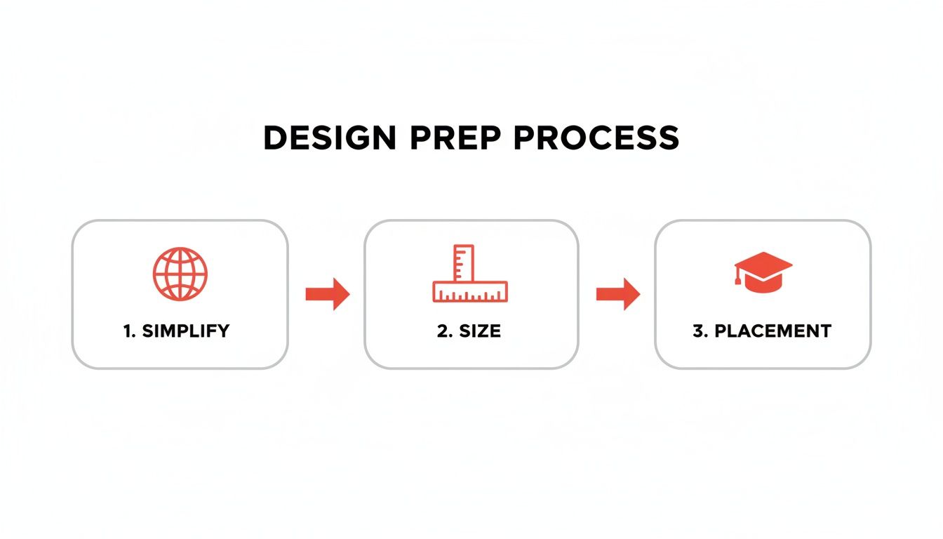 A three-step design preparation process diagram showing simplify, size, and placement with icons.