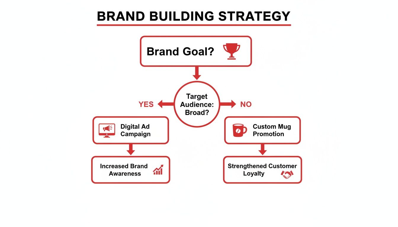A brand building strategy flowchart showing decisions based on brand goal and target audience.