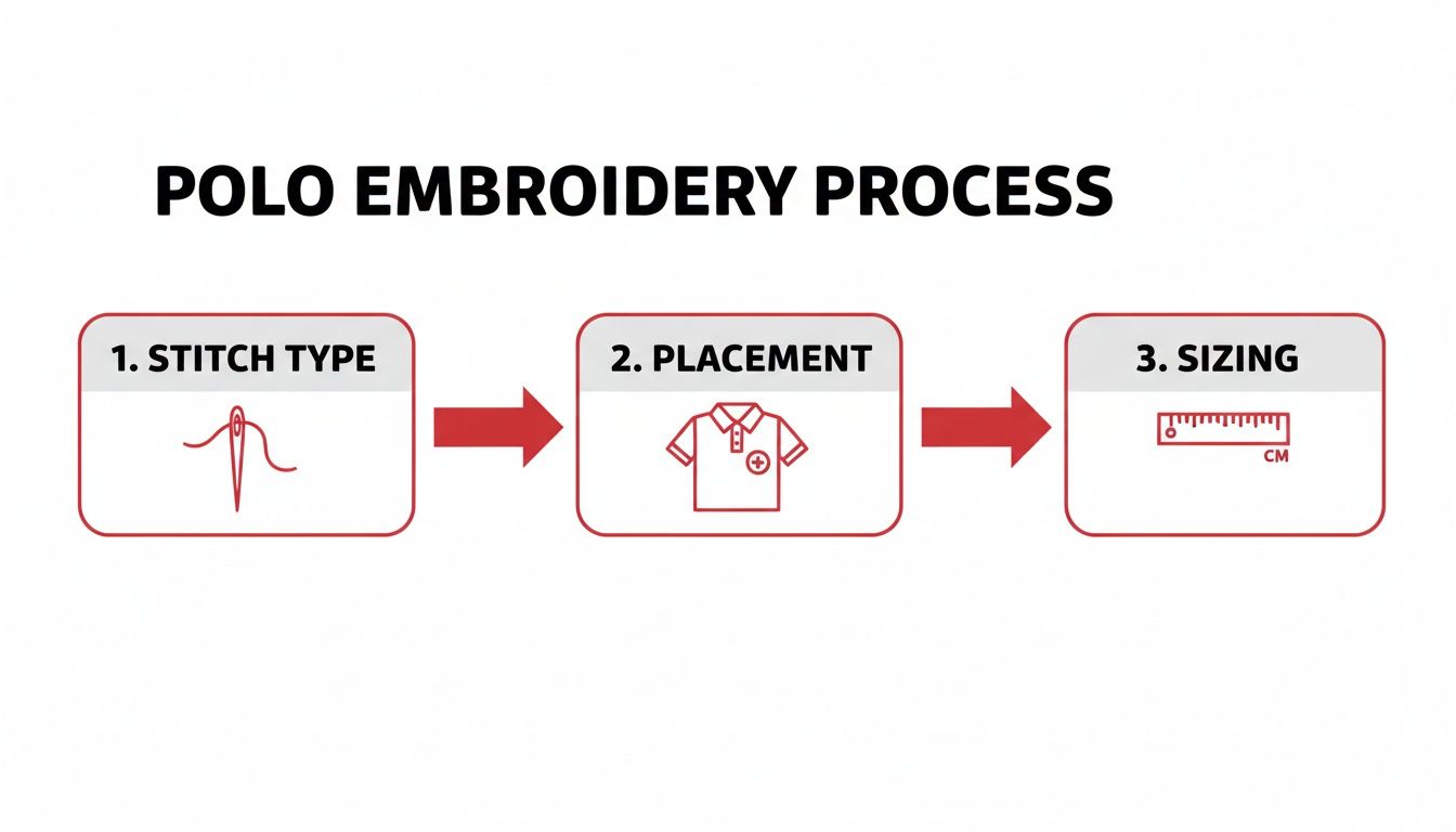 Visual guide outlining the polo shirt embroidery process, showing steps for stitch type, placement, and sizing.