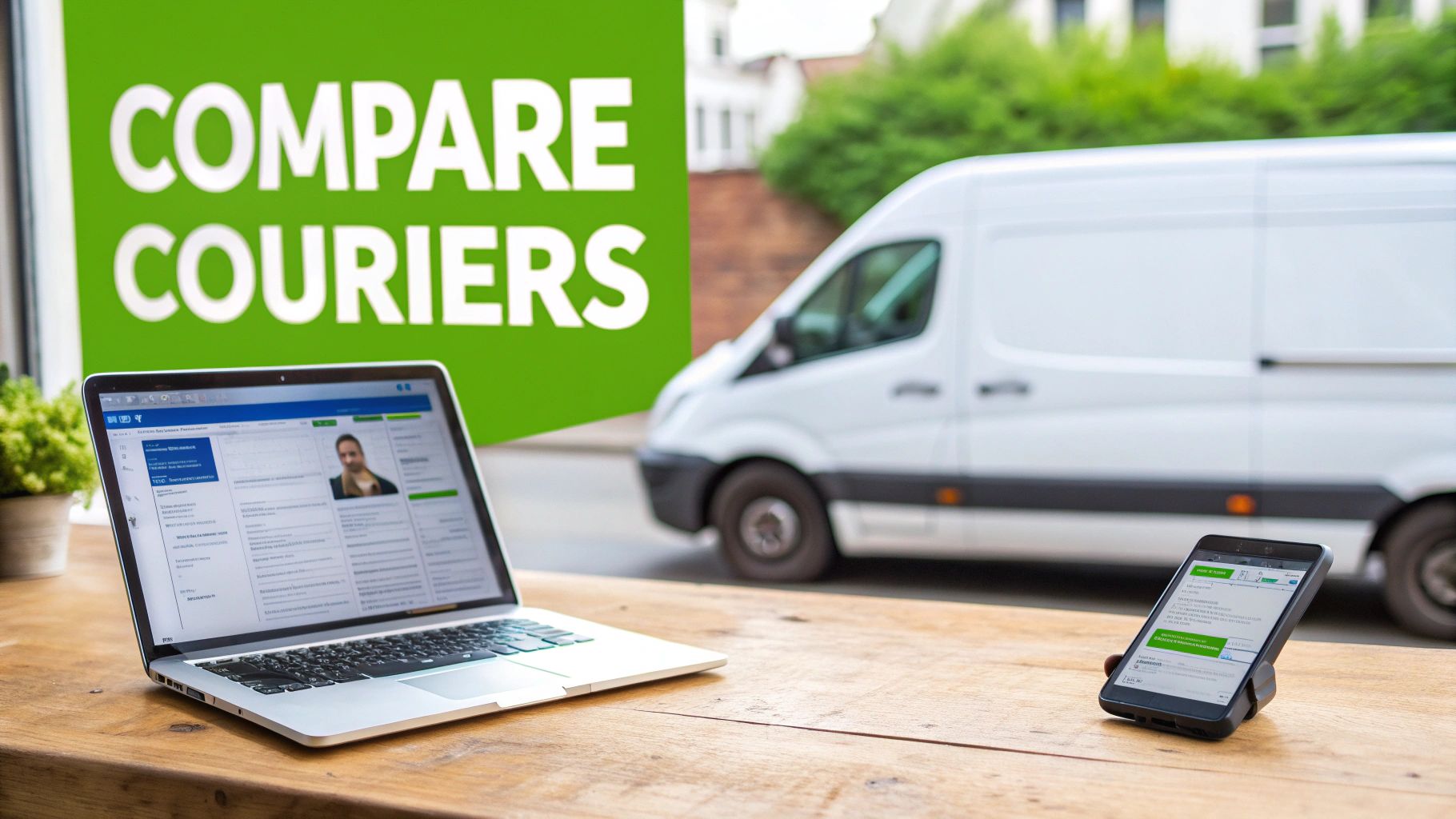 Laptop and phone on a wooden table showing a courier comparison website, with a delivery van.