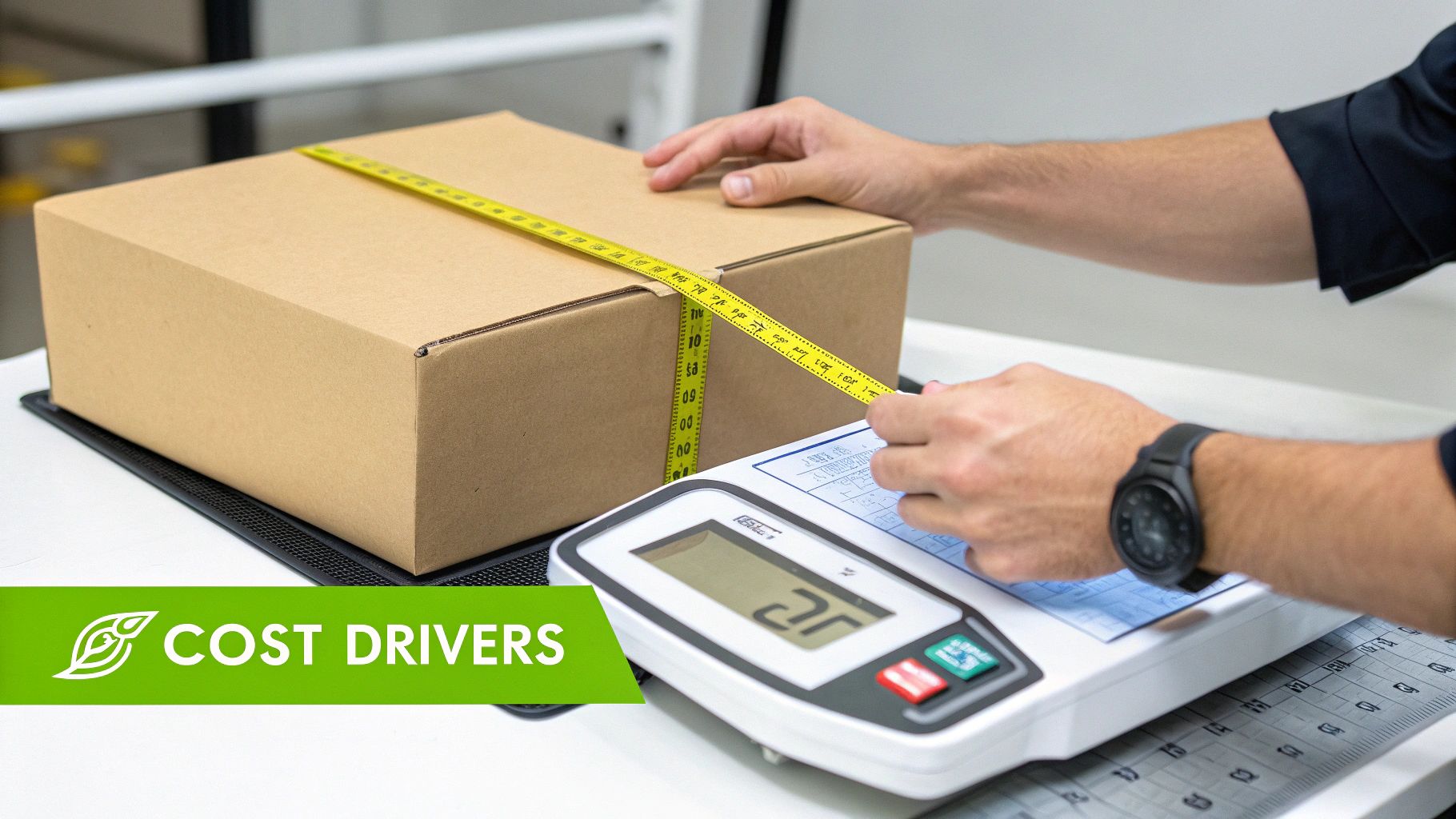 A person measures a brown cardboard box with a yellow tape measure on a digital scale, illustrating cost drivers.