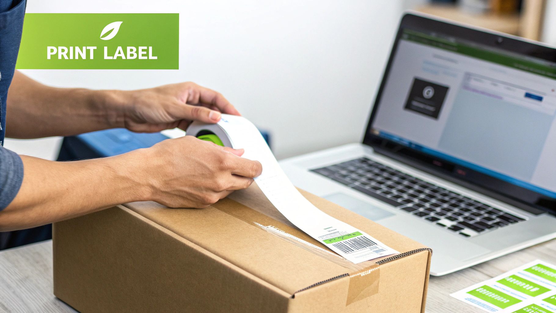 A person applies a shipping label to a brown cardboard box, with a laptop in the background.