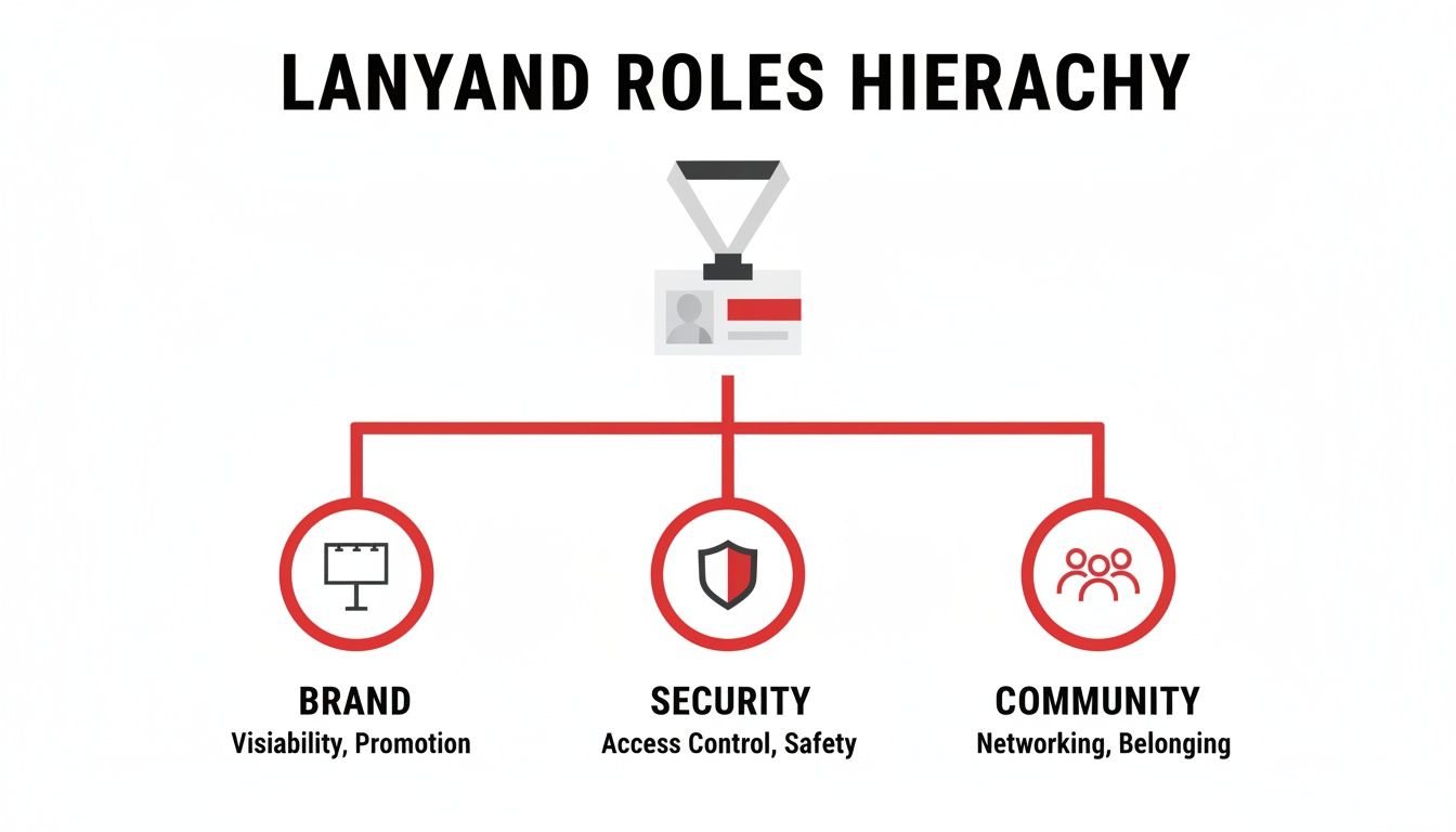 A diagram illustrates the hierarchy of lanyard roles: Brand, Security, and Community, with descriptions.