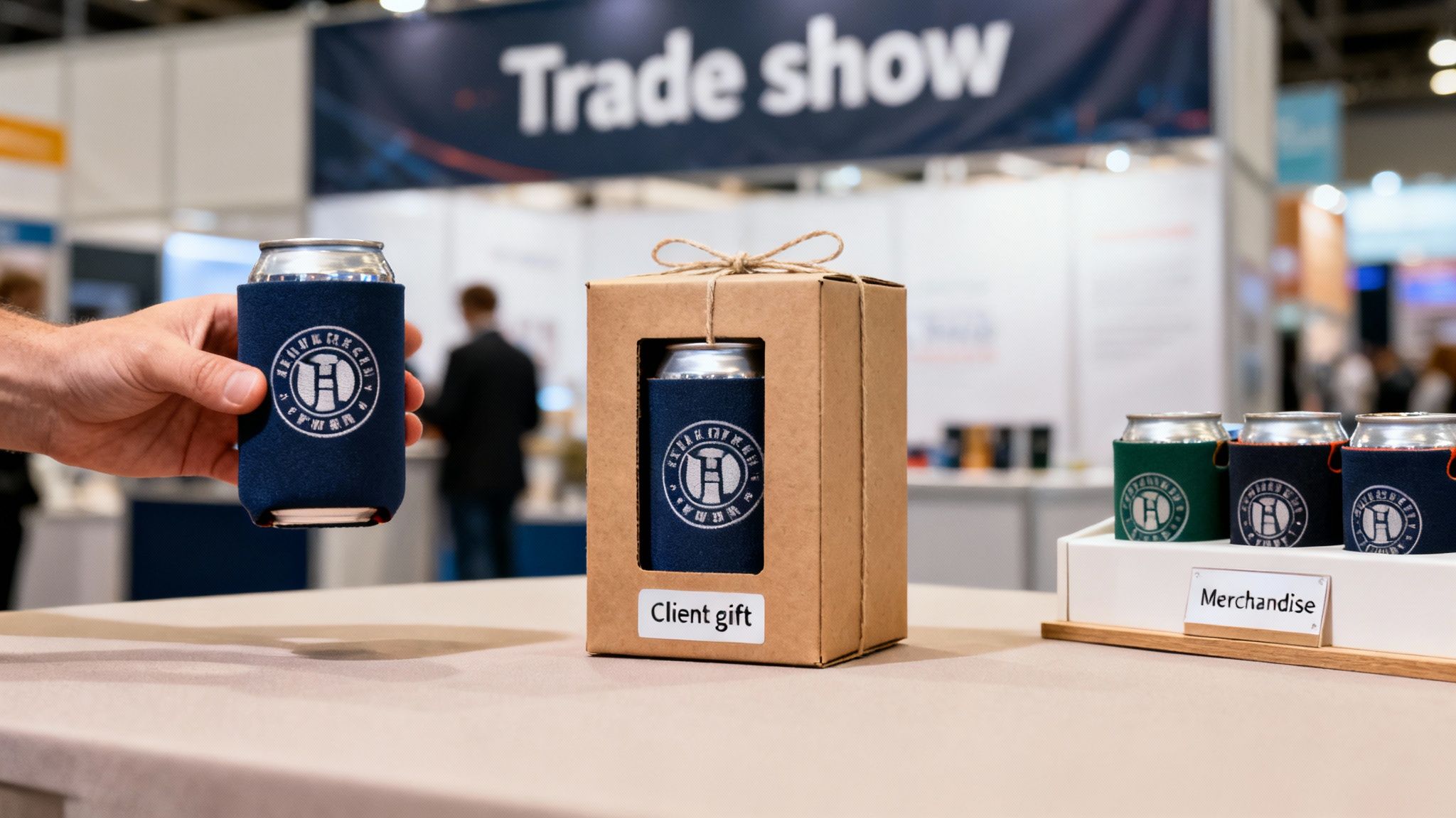 A hand holds a custom can cooler, with others displayed as client gifts and merchandise at a trade show.
