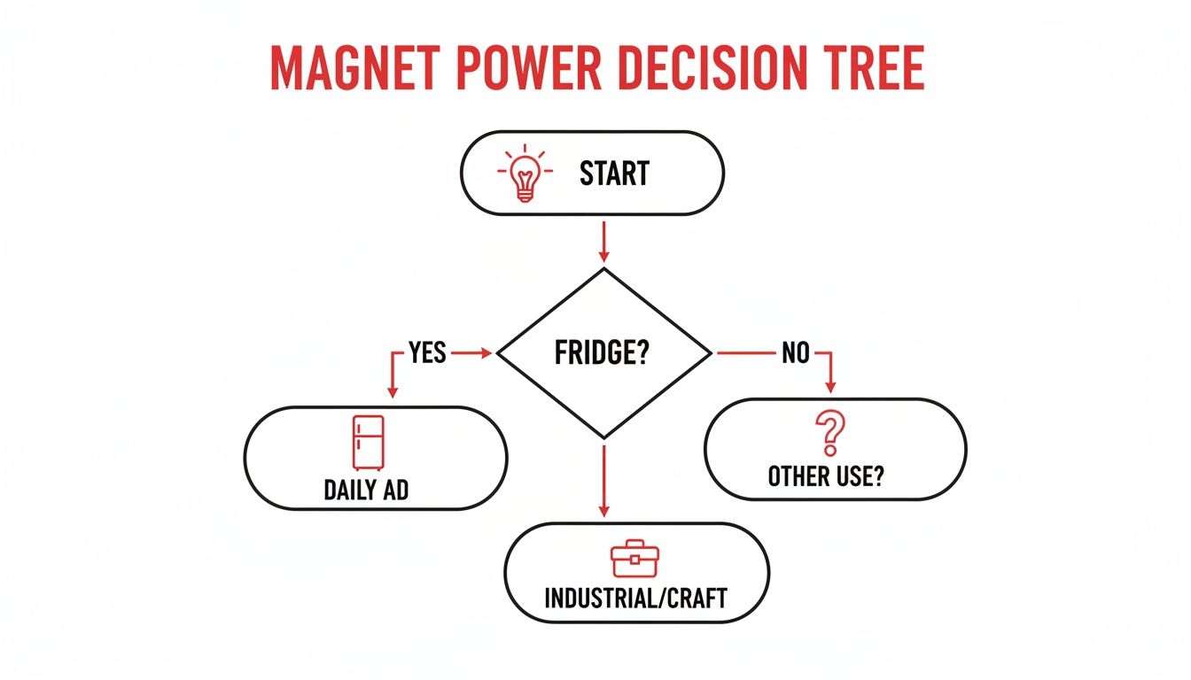 A flowchart illustrating the magnet power decision tree, categorizing uses into daily ad, industrial/craft, and other.