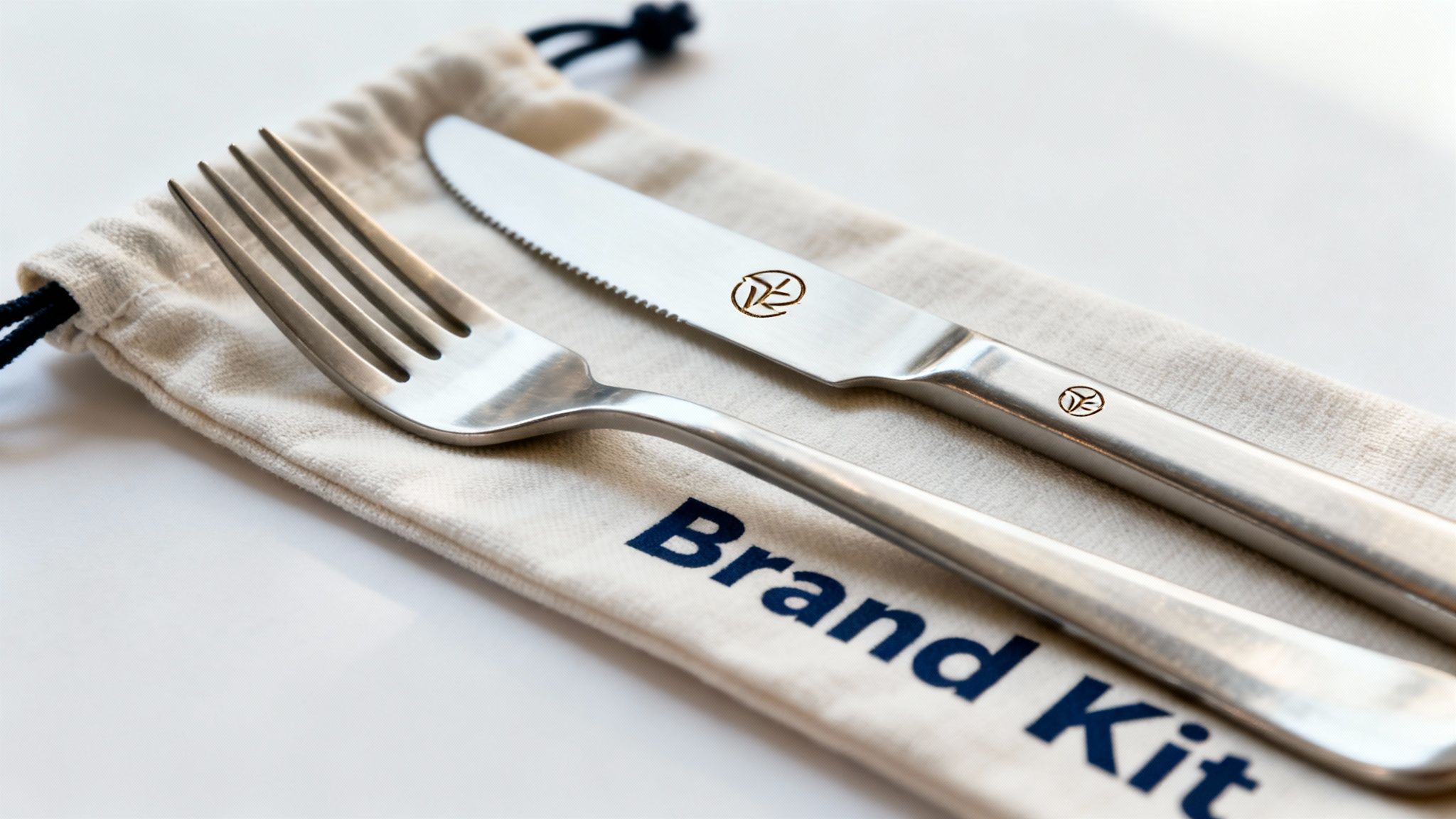 Close-up of a reusable metal fork and knife with a logo, placed on a 'Brand Kit' fabric pouch.