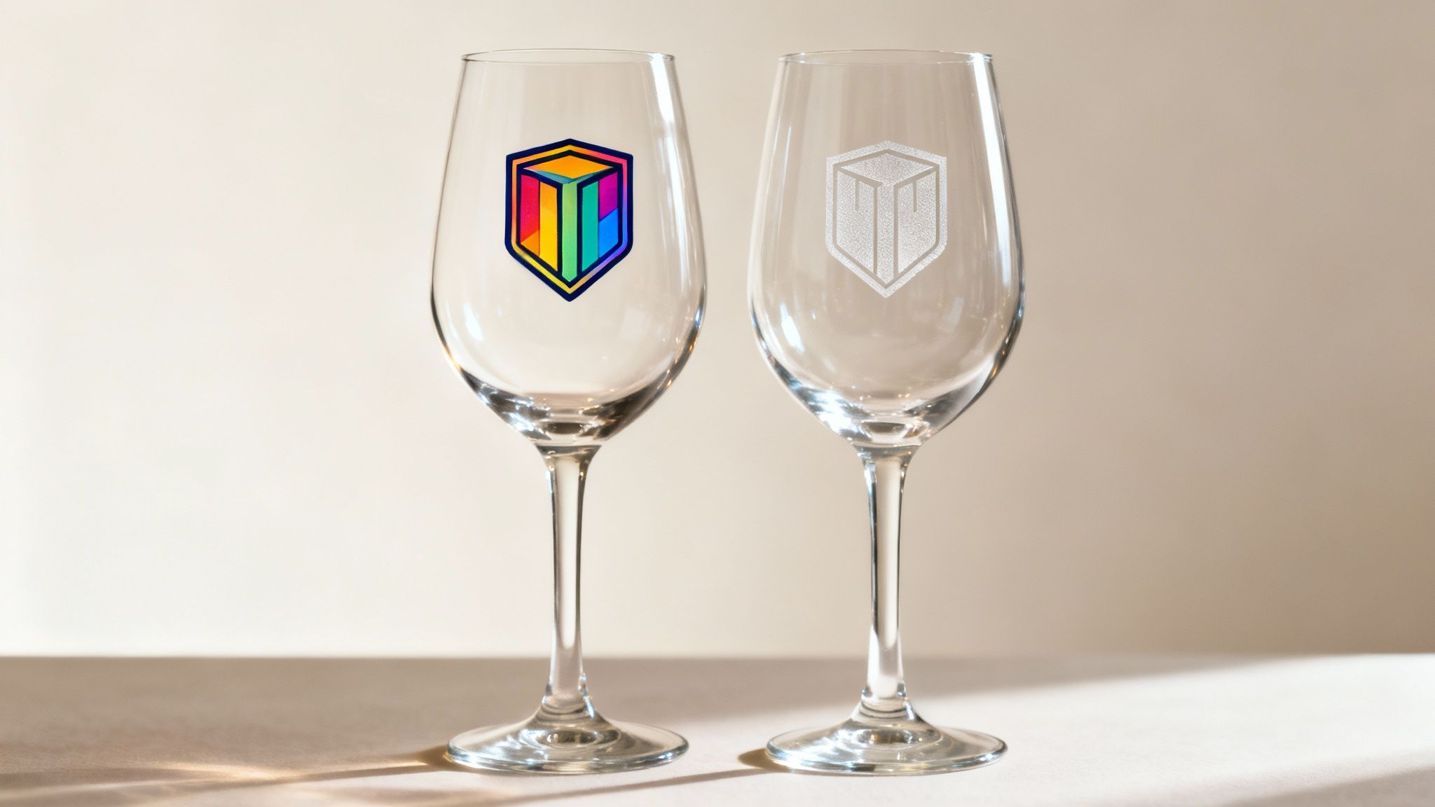 Two wine glasses, one with a vibrant rainbow cube logo, the other with an etched silver cube logo.