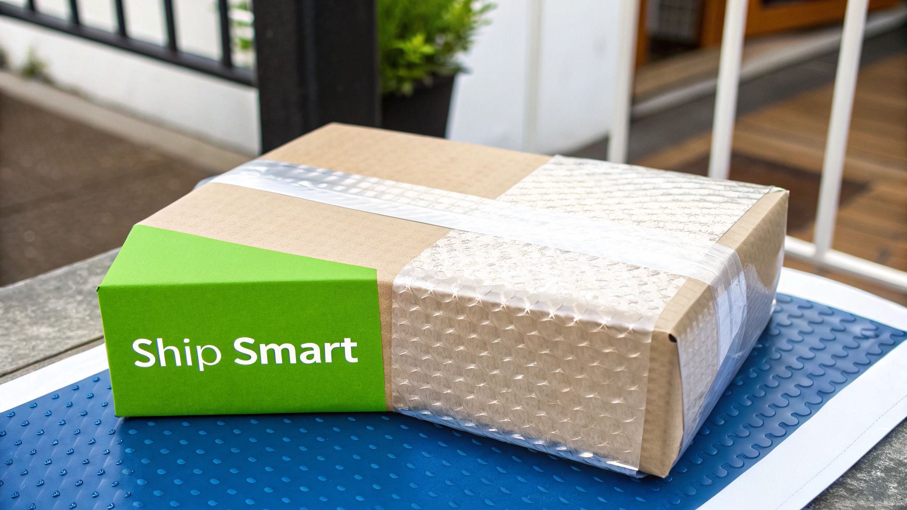 A cardboard shipping box with a green 'Ship Smart' label, partly covered in bubble wrap, sits on a blue padded mailer.