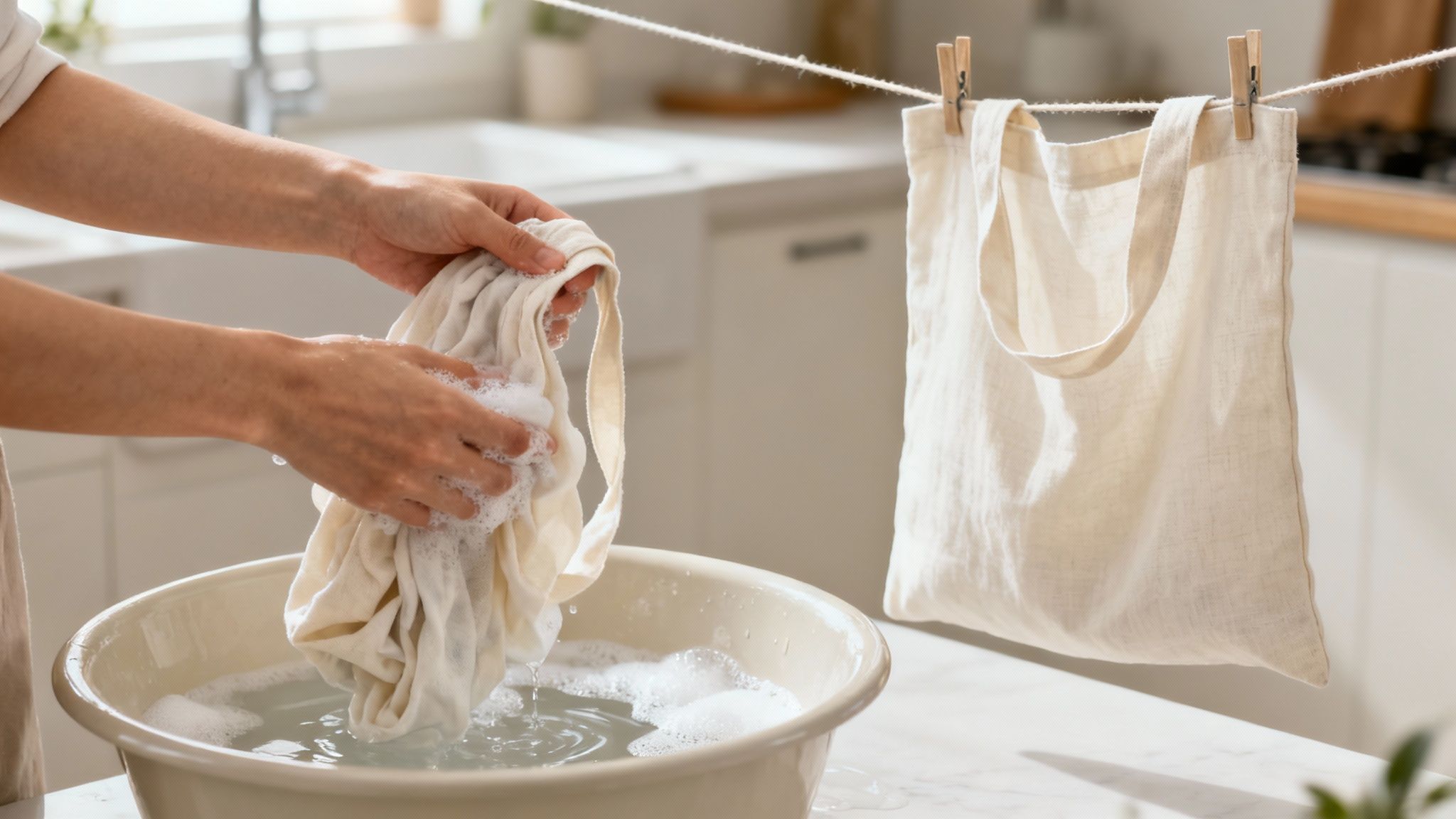 Close-up of hands handwashing a cream fabric tote bag in soapy water, with another drying.
