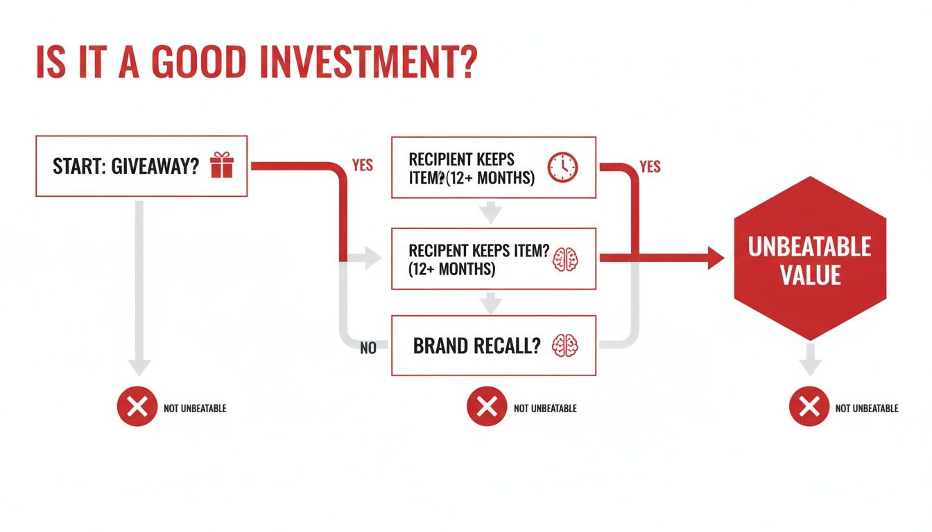 Flowchart evaluating giveaway investment based on item retention and brand recall for unbeatable value.