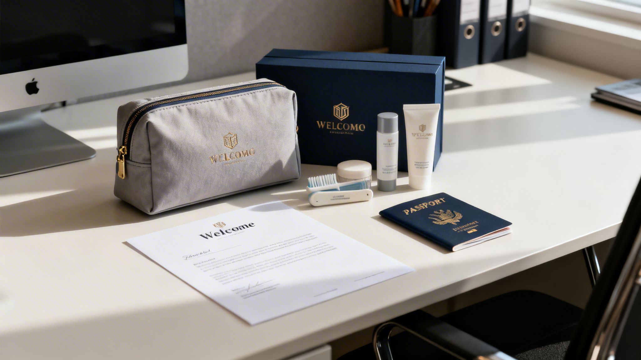 Travel amenities displayed on a desk, featuring a toiletry bag, skincare, toothbrush, passport, and welcome letter.