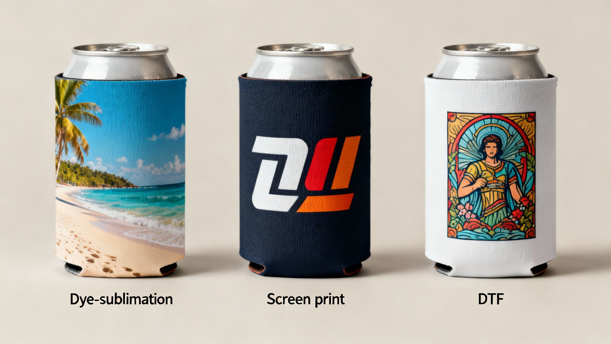 Three can coolers demonstrating dye-sublimation, screen print, and DTF printing techniques on a light background.